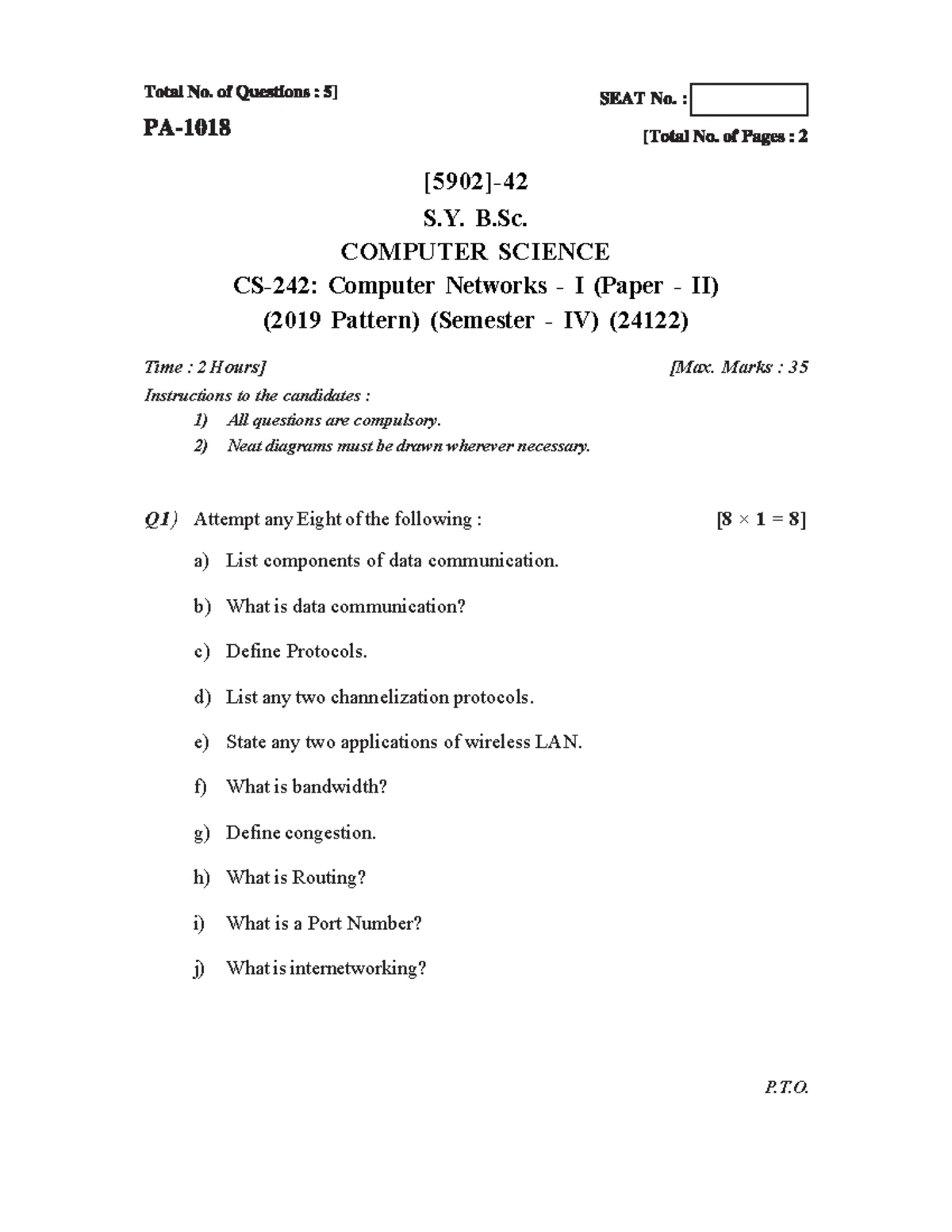 B.Sc. (Hons.) Computer Science: Computer Networks Question Bank ...
