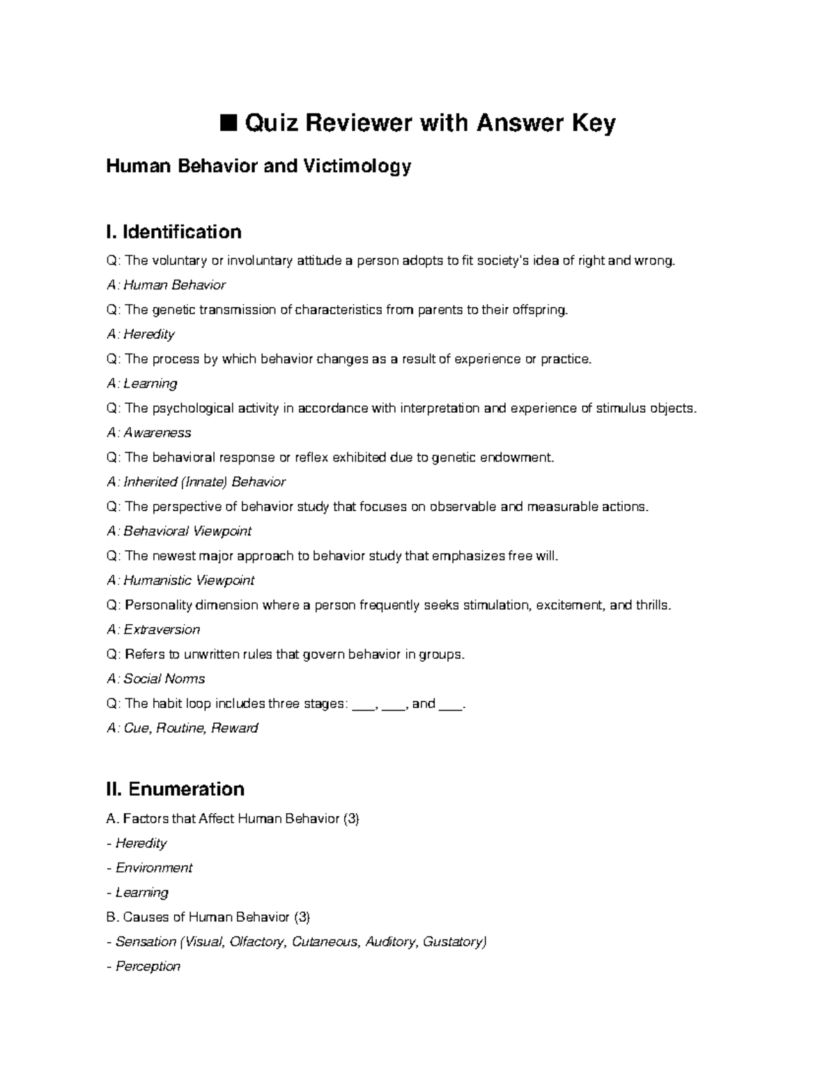 Human Behavior and Victimology I Quiz Reviewer with Answer Key - Studocu
