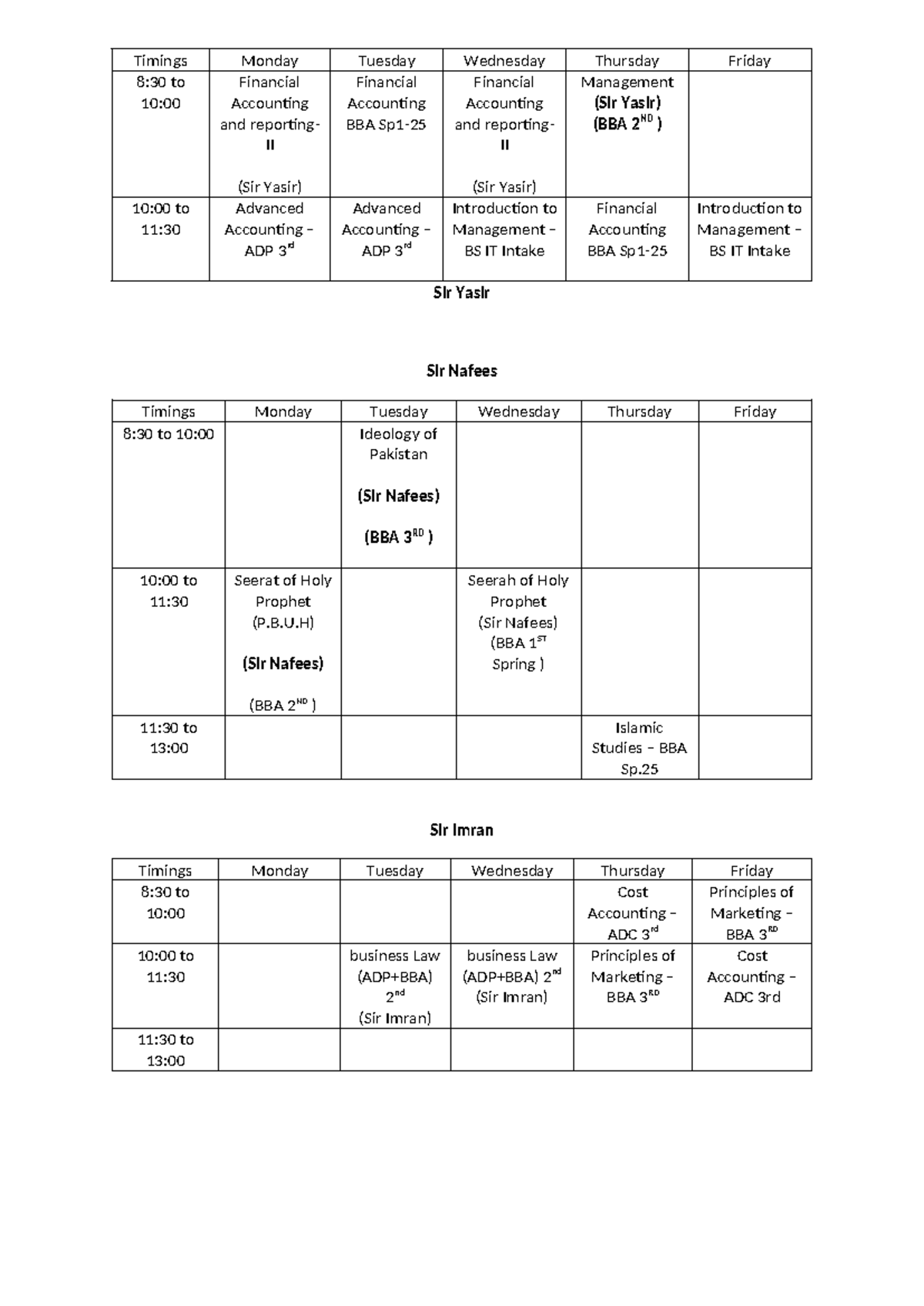 Time Table - Final Exam Guidelines for BBA & ADP Courses - Studocu