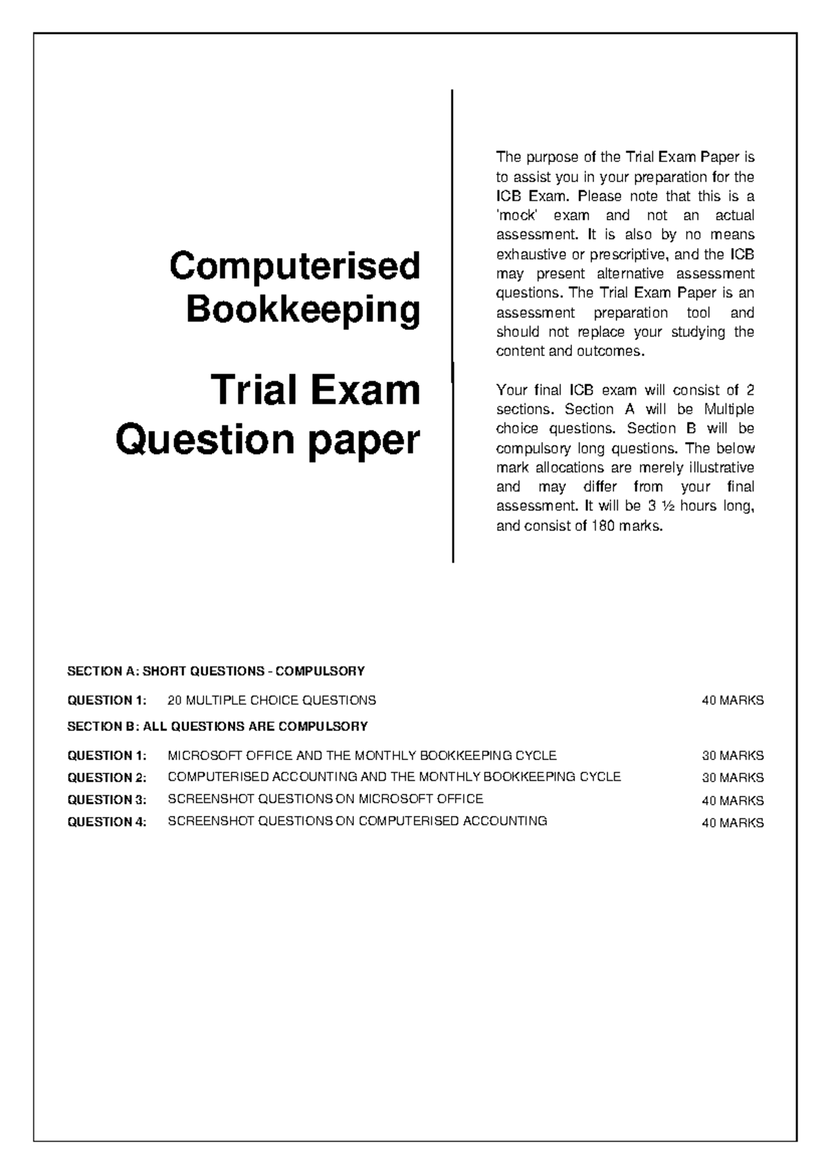 Comp bookkeeping - Questions - SECTION A: SHORT QUESTIONS - COMPULSORY ...