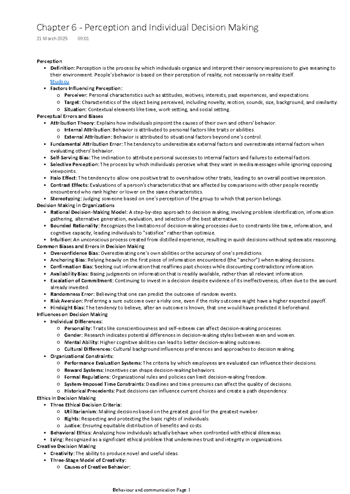 Chapter 6 - Perception & Decision Making in Organizations (MGT 101 ...