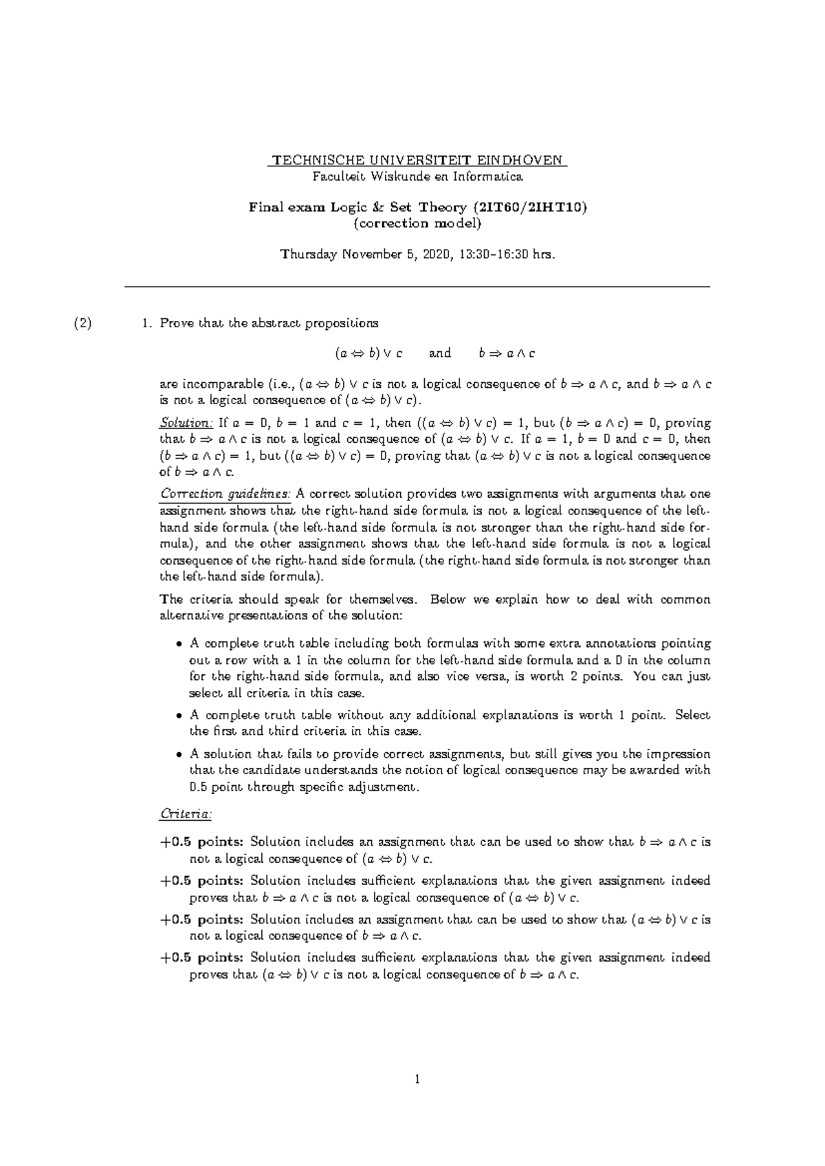 Final Exam Logic Set Theory (Correction Model) - 20201105 - Studeersnel