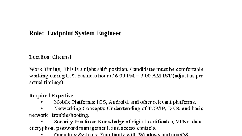 Endpoint System Engineer Role Overview - Chennai Night Shift - Studocu
