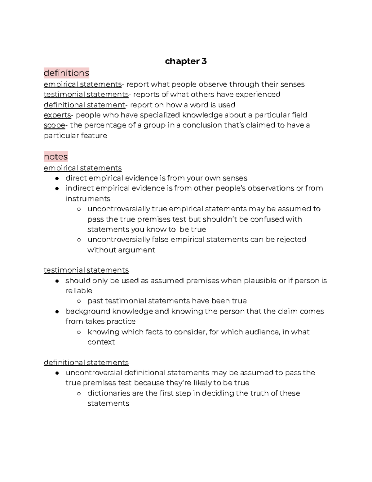 Critical Thinking: Chapter 3 Notes on Statements and Evidence - Studocu