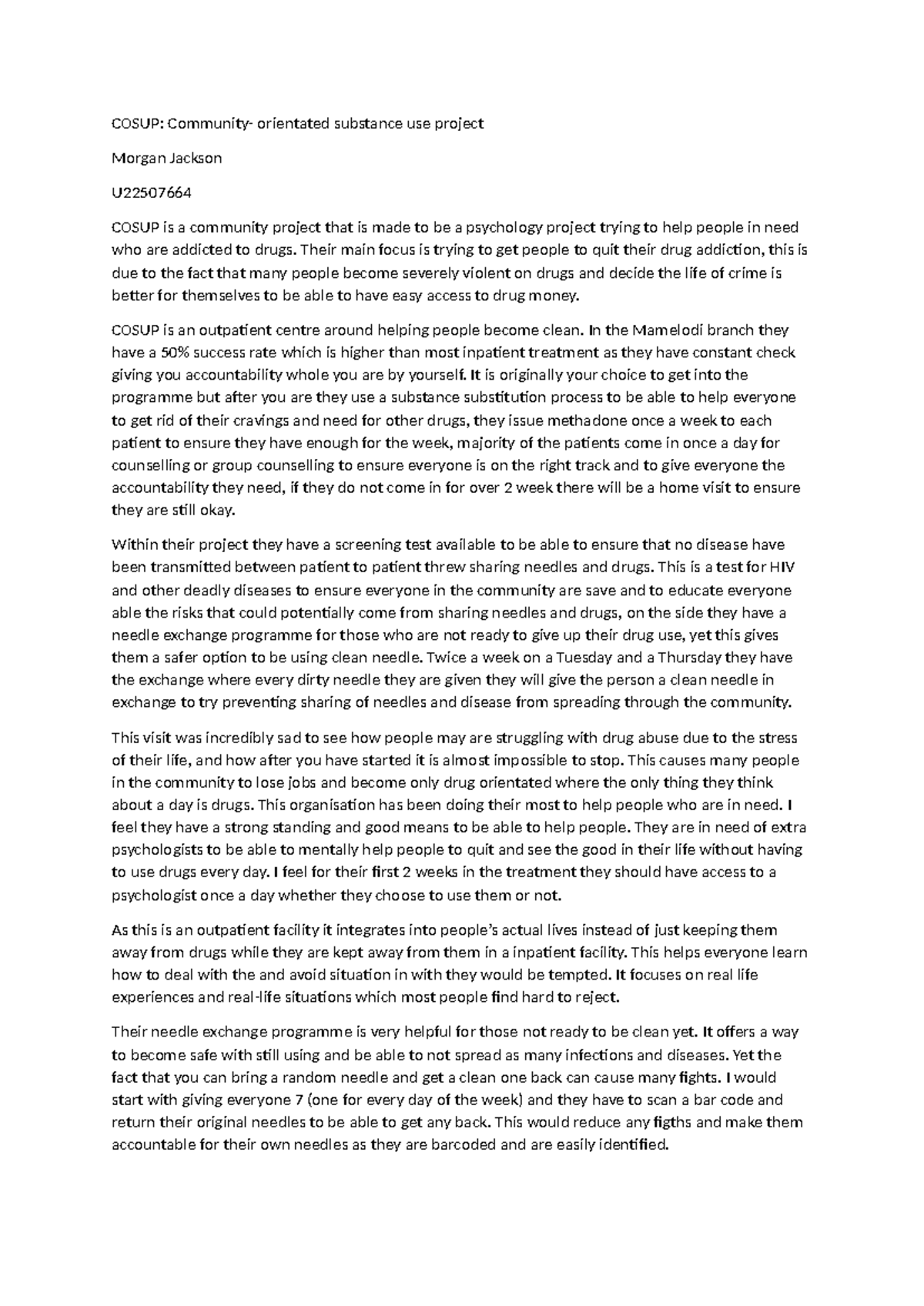 COSUP: Reflection on Community Substance Use Project Site Visit - Studocu