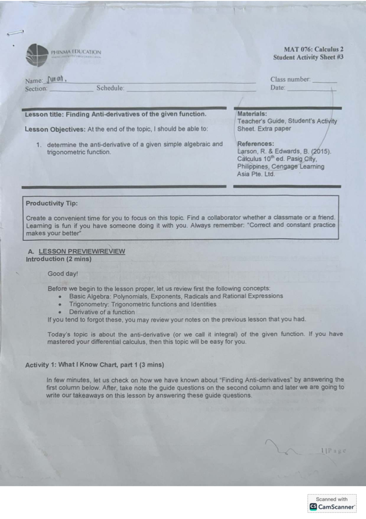 PHINMA EDUCATION MAT 076: Calculus 2 Student Activity Sheet Review ...