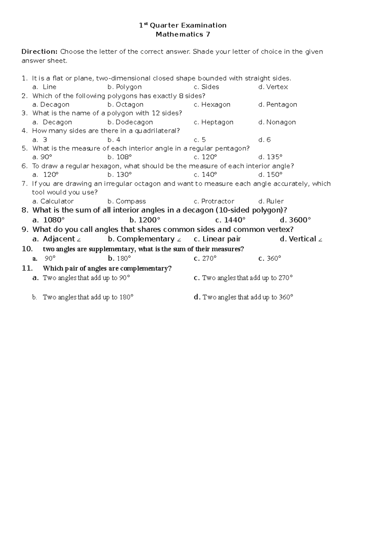 Mathematics 7: 1st Quarter Exam Review and Practice Questions - Studocu