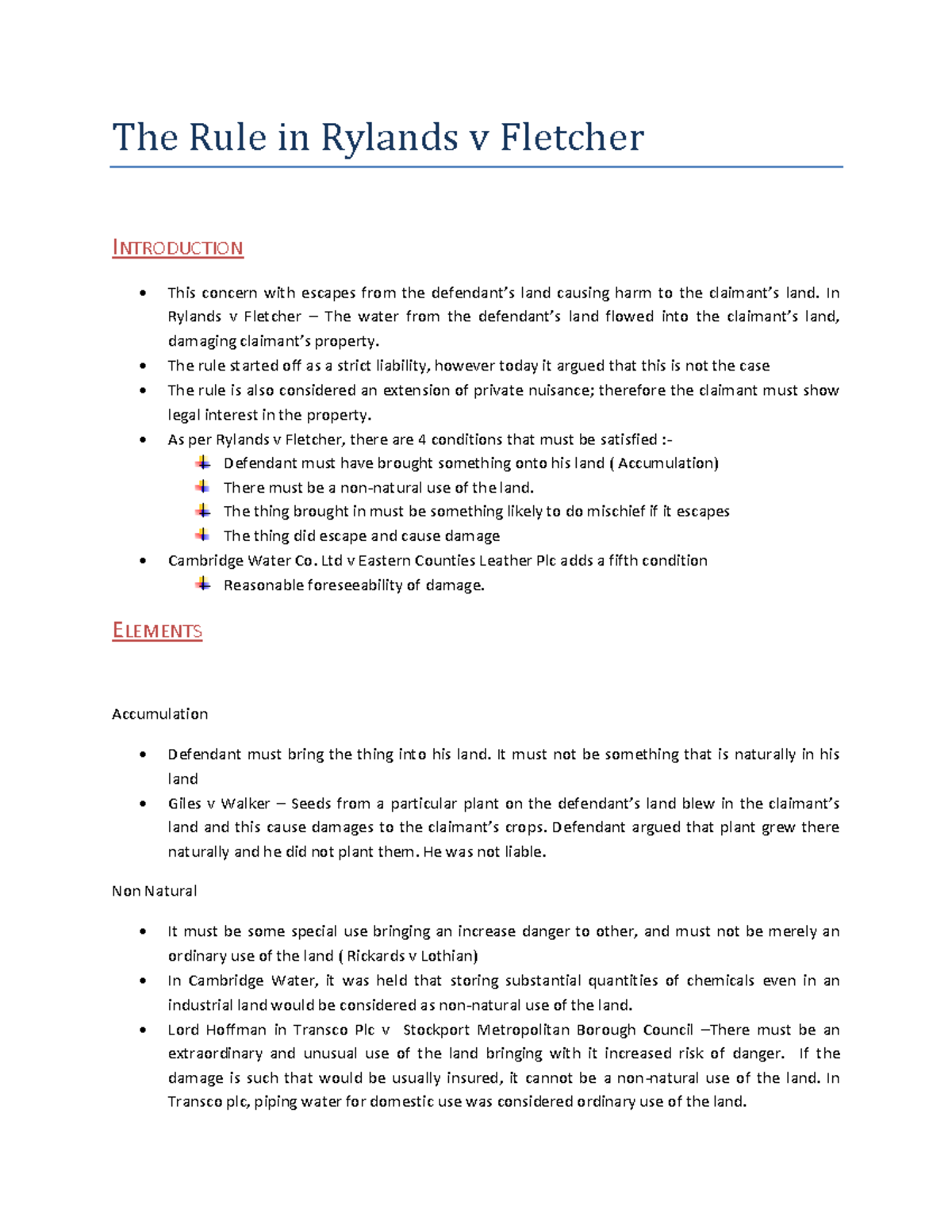 Tutorial 14A: Understanding the Rule in Rylands v Fletcher - Studocu