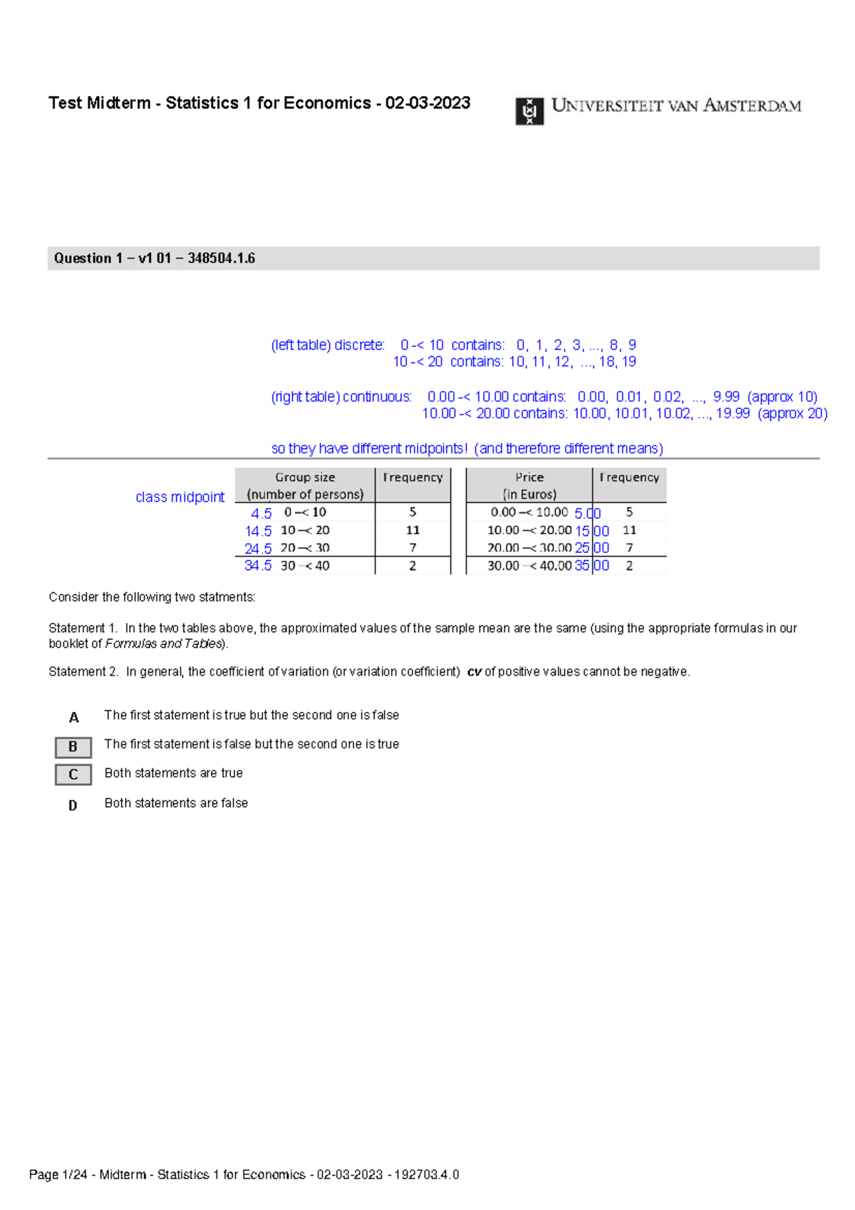Stat1 Midterm Exam Review - Statistics 1 for Economics (2023) - Studeersnel