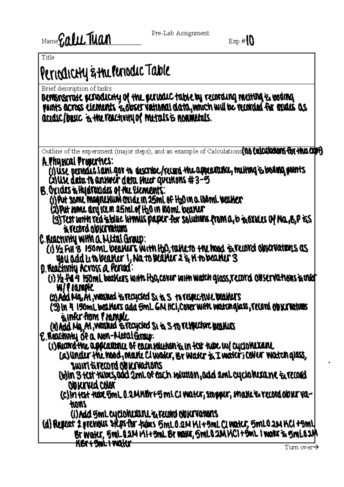 Pre lab 10 - pre lab procedures - Pre-Lab Assignment Name ...