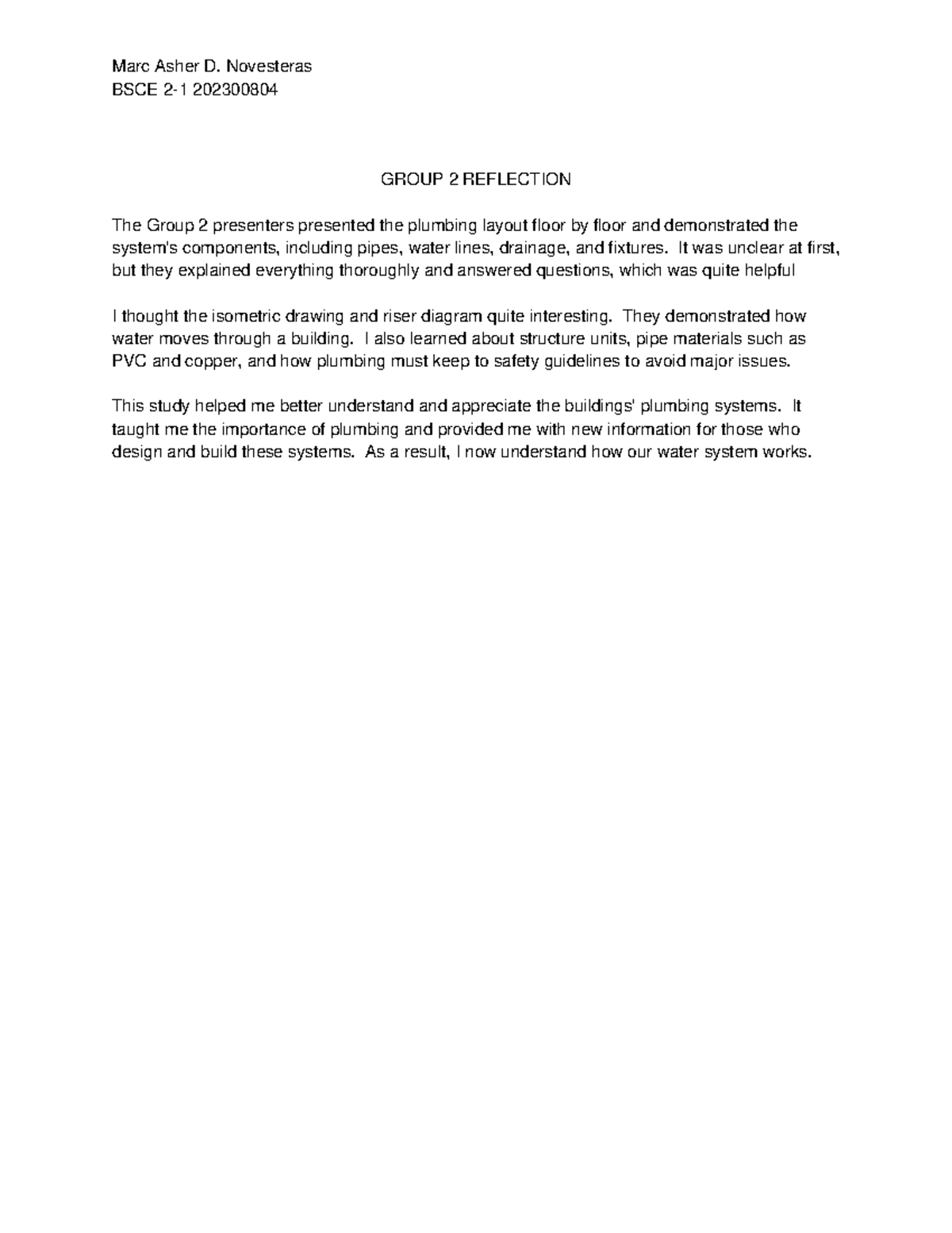 BSCE 202300804 Group 2 Reflection on Plumbing Systems - Studocu