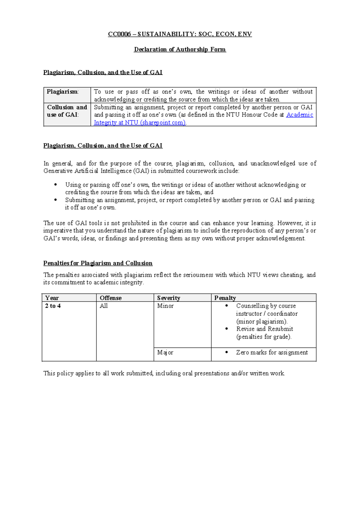 ICC CC0006 Sustainability Declaration: Plagiarism & GAI Guidelines AY25 ...