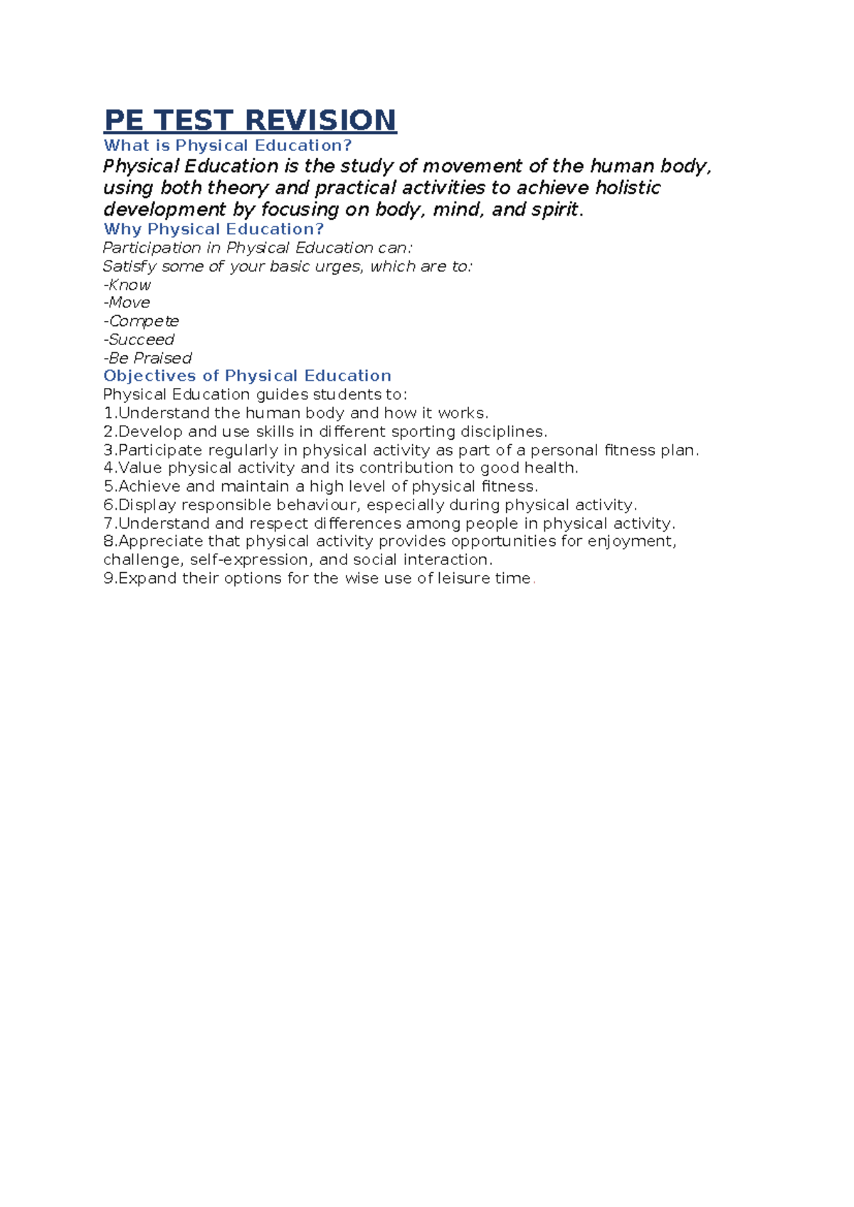 Pe test revision doc - phys ed - PE TEST REVISION What is Physical ...