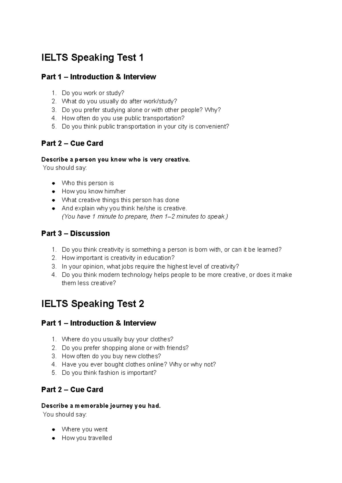 IELTS Speaking Test 1 & 2: Interview & Discussion Insights - Studocu