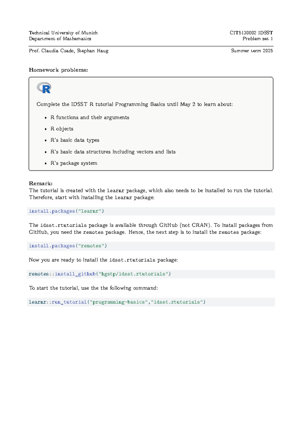 IDSST Problem Set 1: R Programming Basics Tutorial (Summer 2025) - Studocu