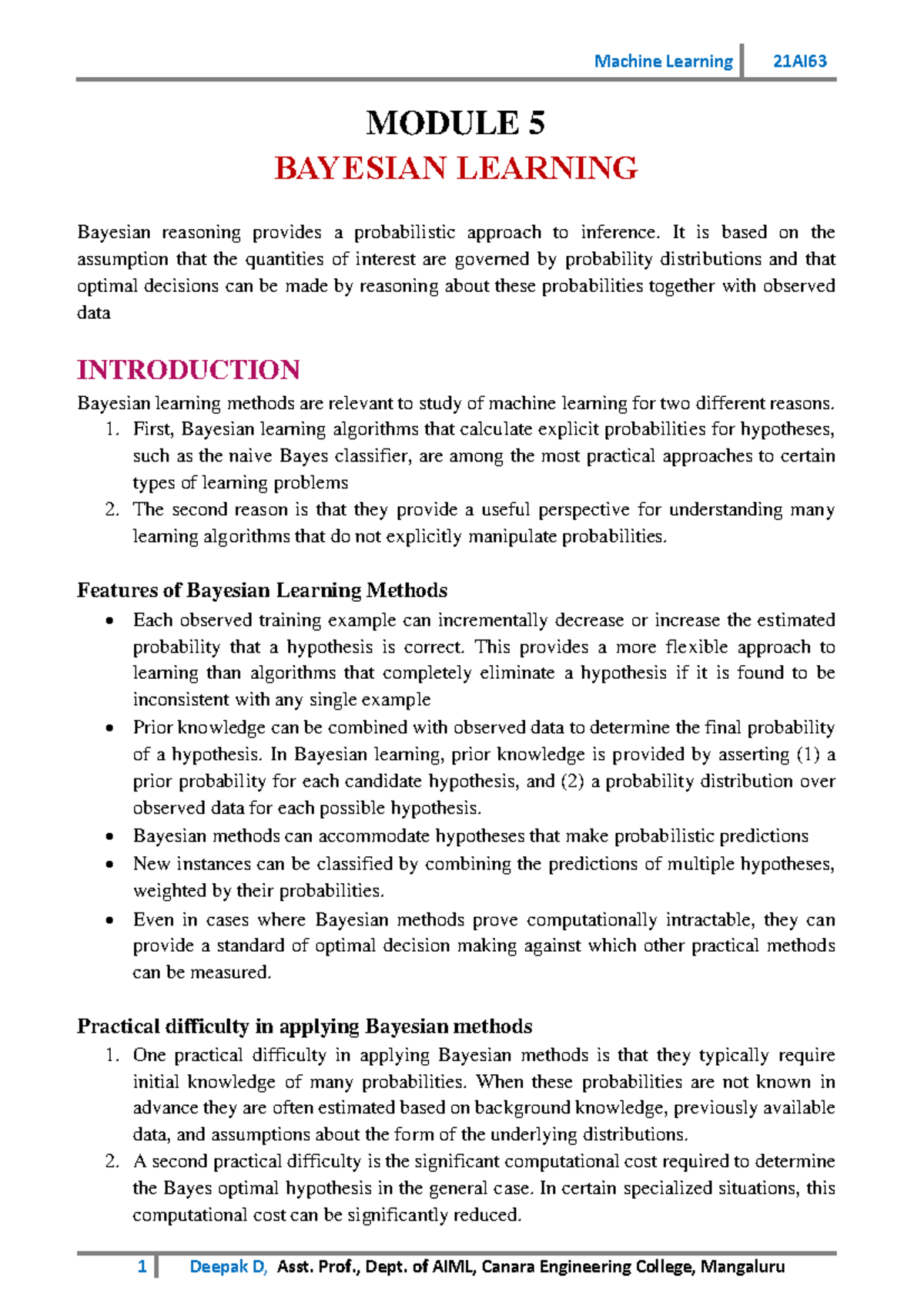 Machine Learning 21AI63 Module 5 notes on Bayesian learning methods ...