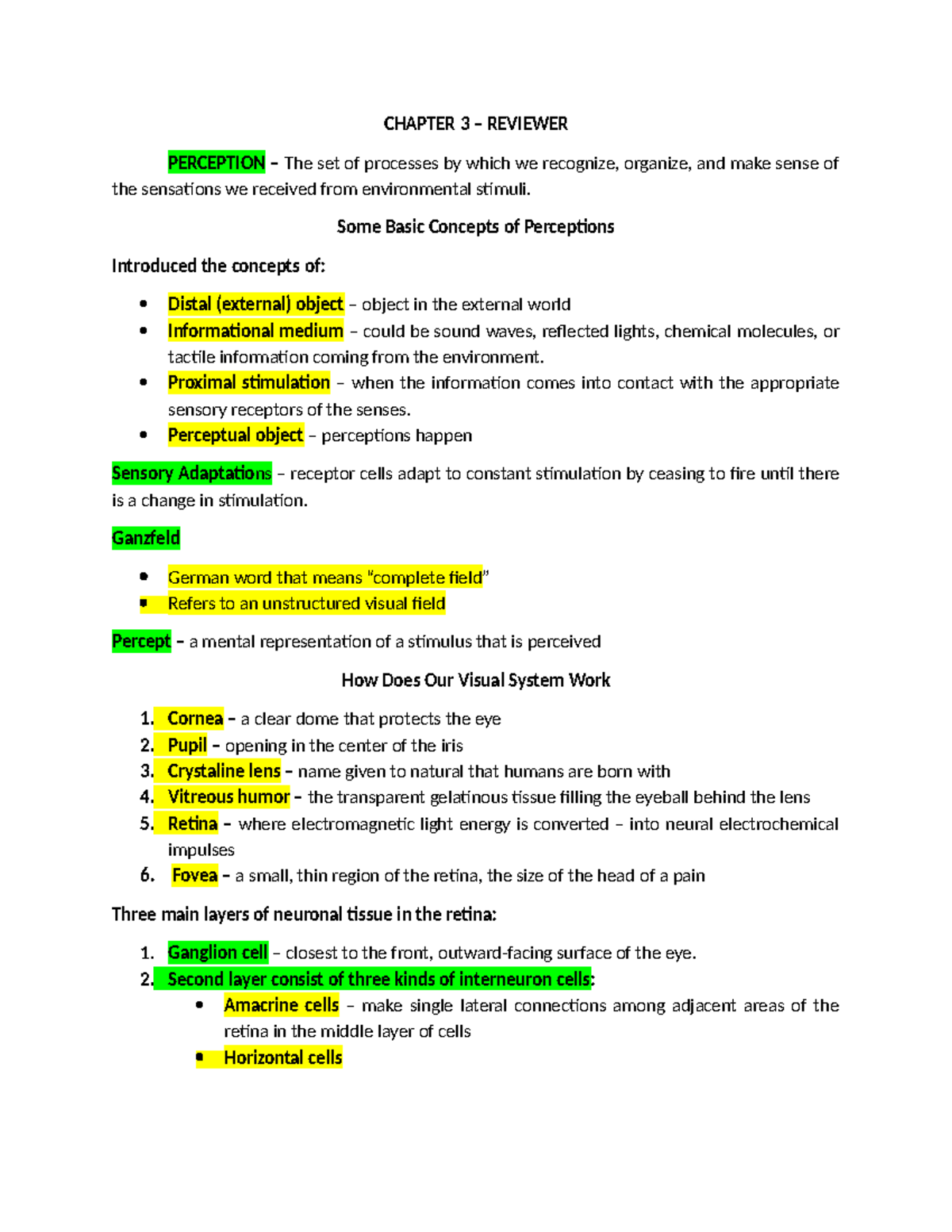 CHAPTER 3 - LECTURE NOTES ON PERCEPTION AND SENSORY PROCESSES - Studocu