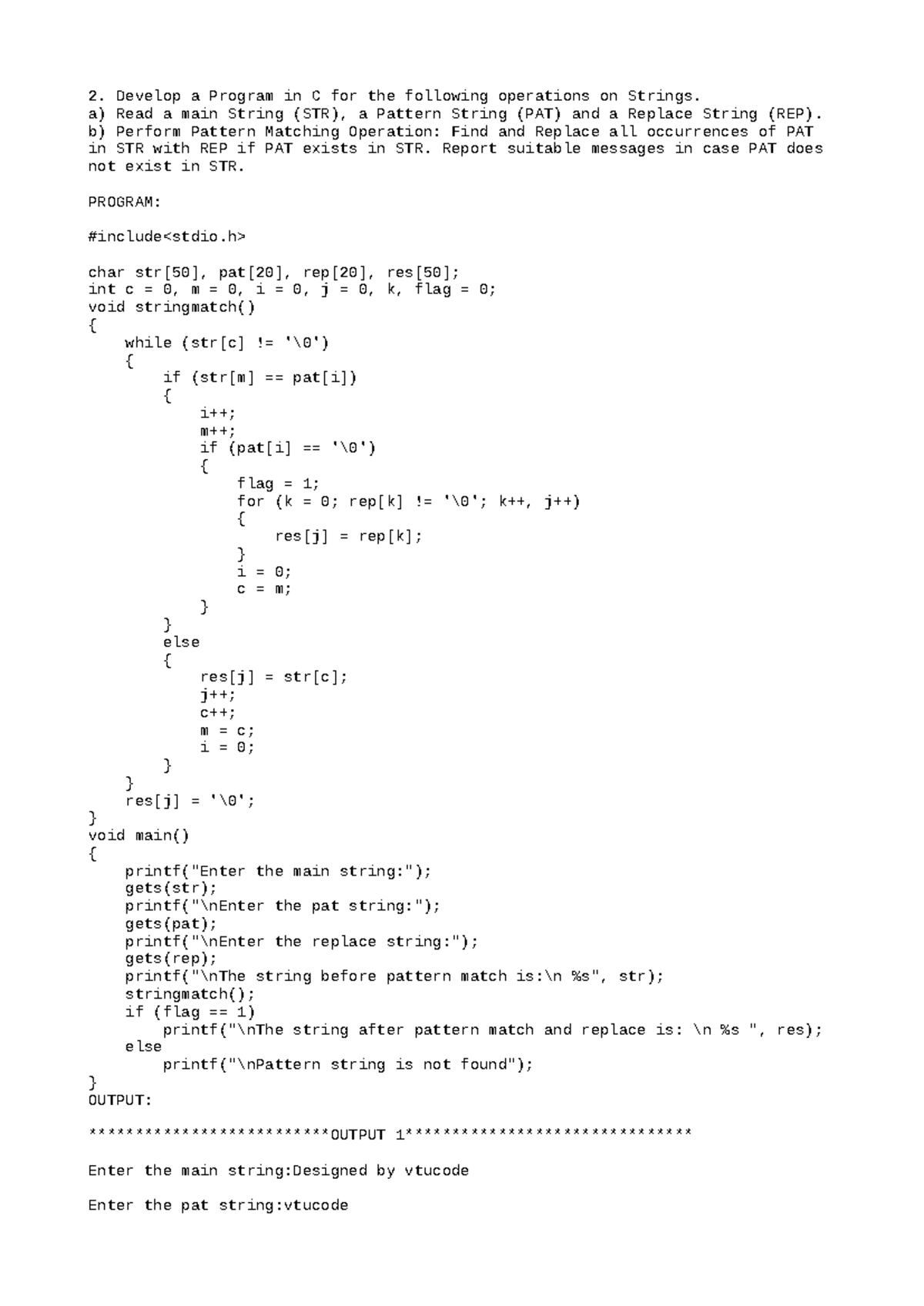 3rd Sem DSA Program 2: String Pattern Matching in C - Studocu