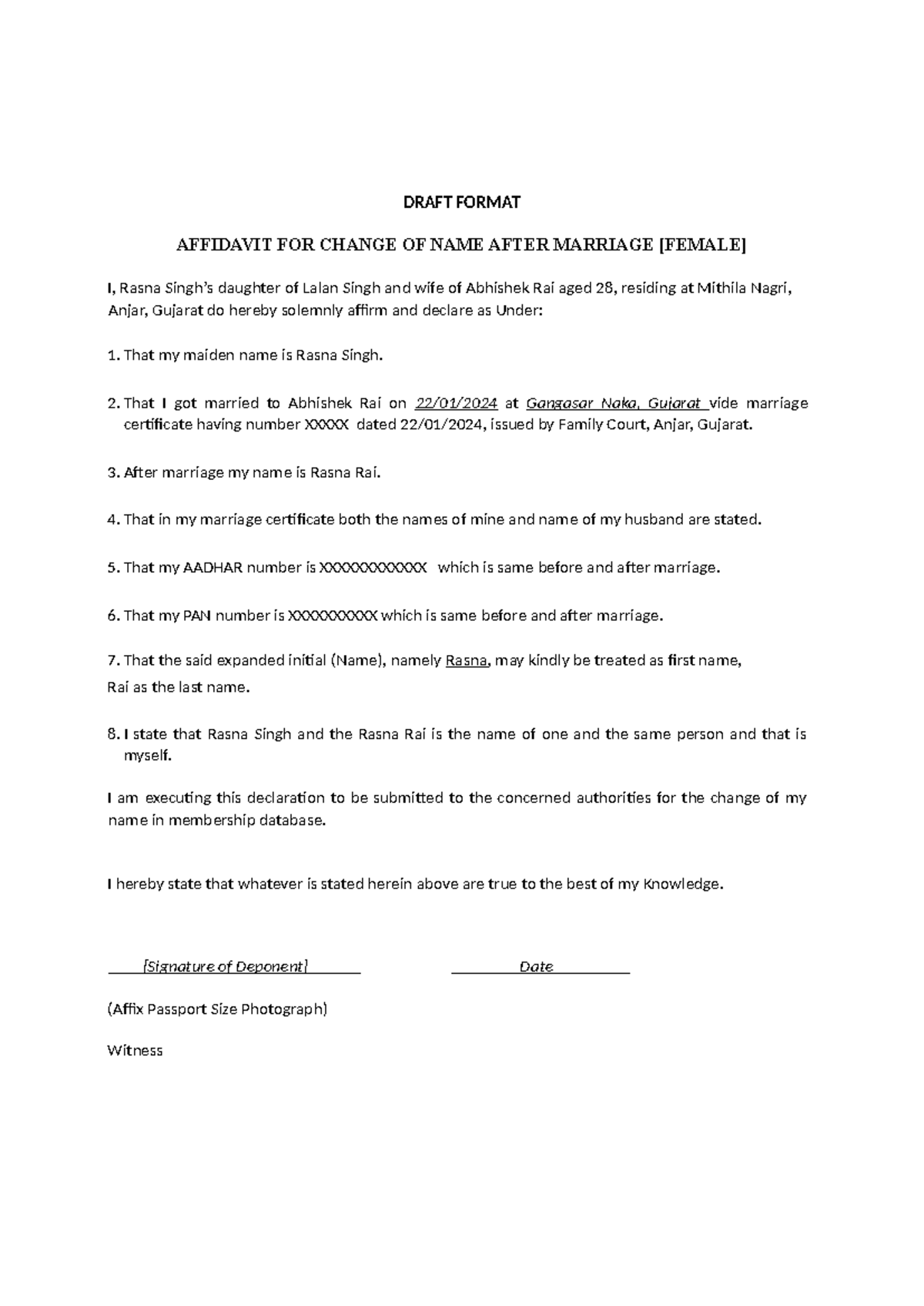 Affidavit for Name Change After Marriage - DRAFT FORMAT - Studocu