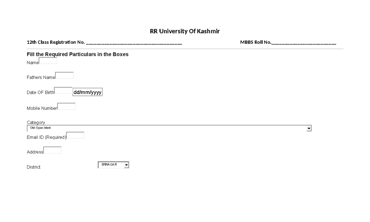 RR University of Kashmir 12th Class Registration Form Instructions ...