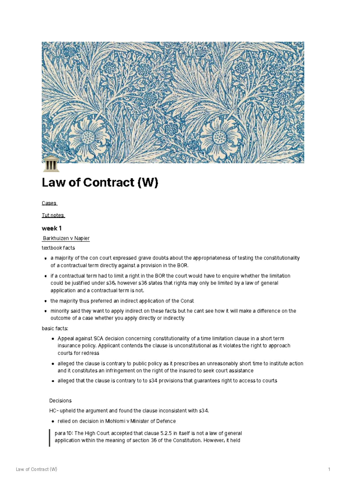 Law of Contract (W) Lecture Notes: Key Cases & Concepts Overview - Studocu