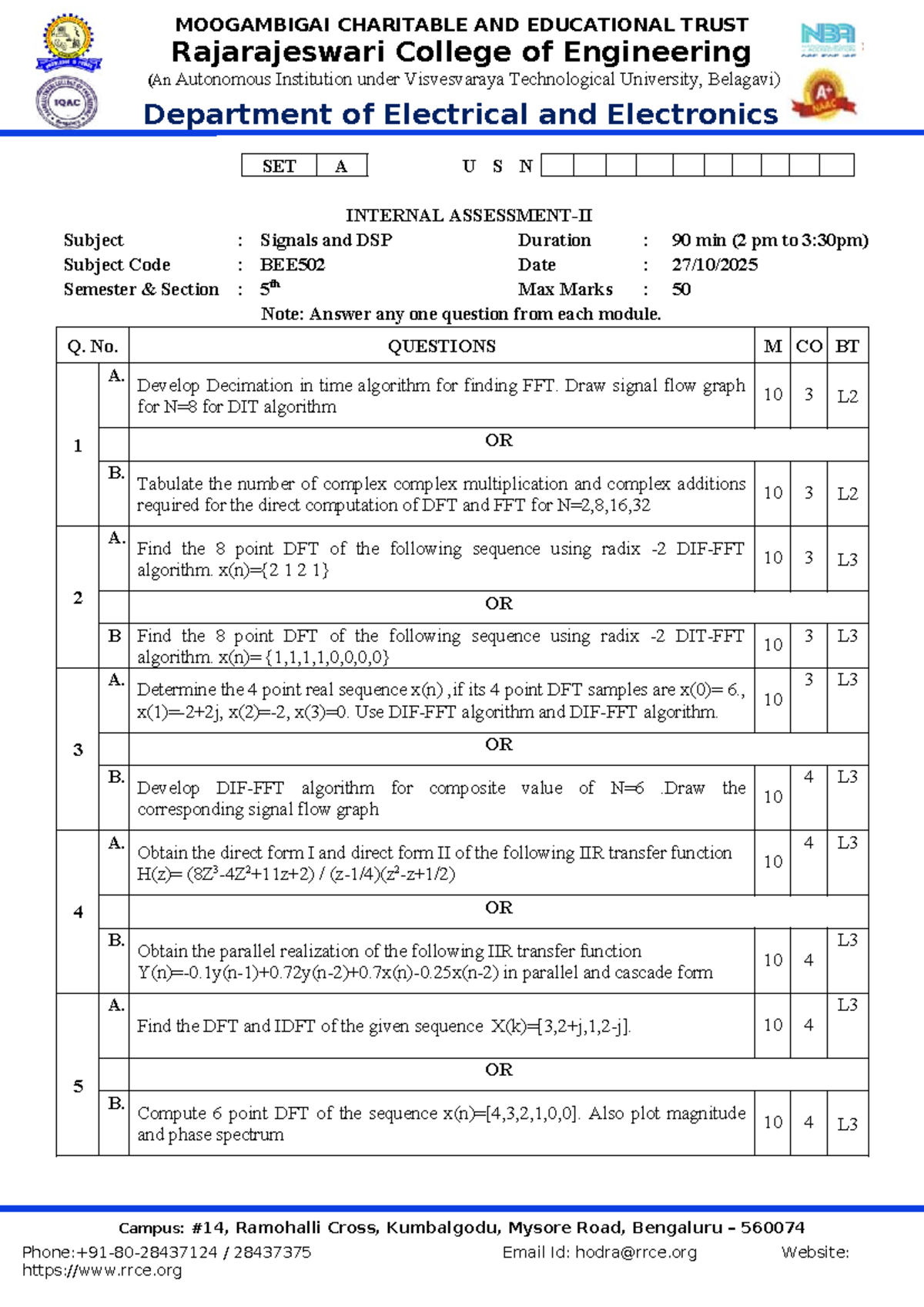BEE502 Signals and DSP Internal Assessment 2 - Question Paper - Studocu