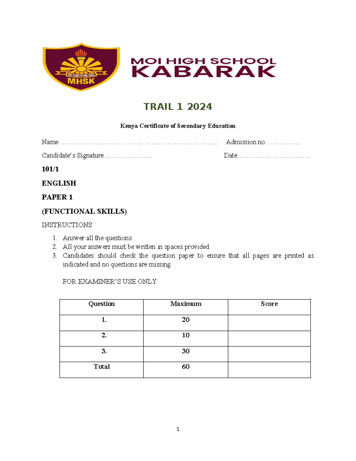 KCSE 2024 English Paper 1 Functional Skills Exam Questions and ...