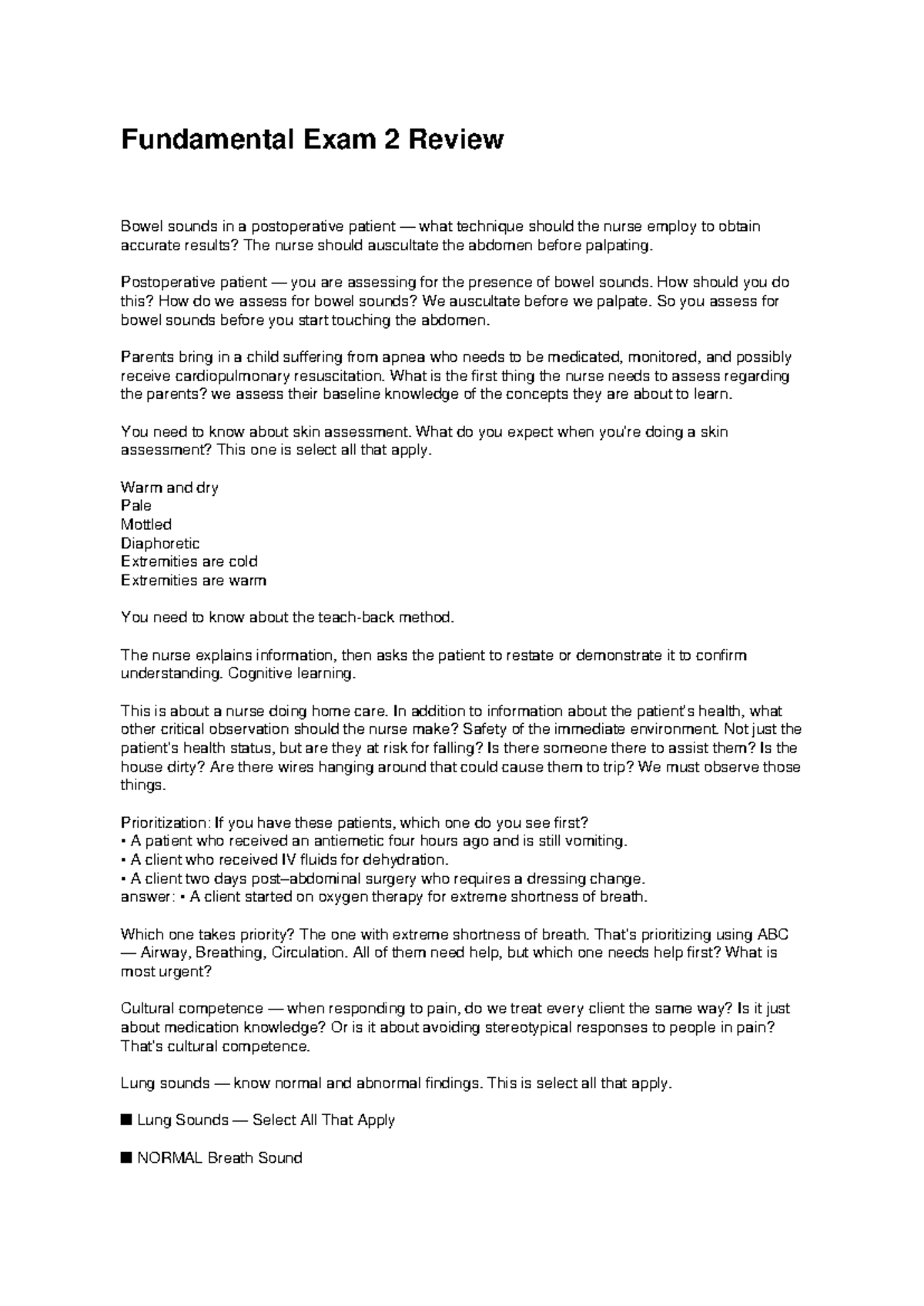 Fundamental Exam 2 Review: Postoperative Patient Assessment Techniques ...