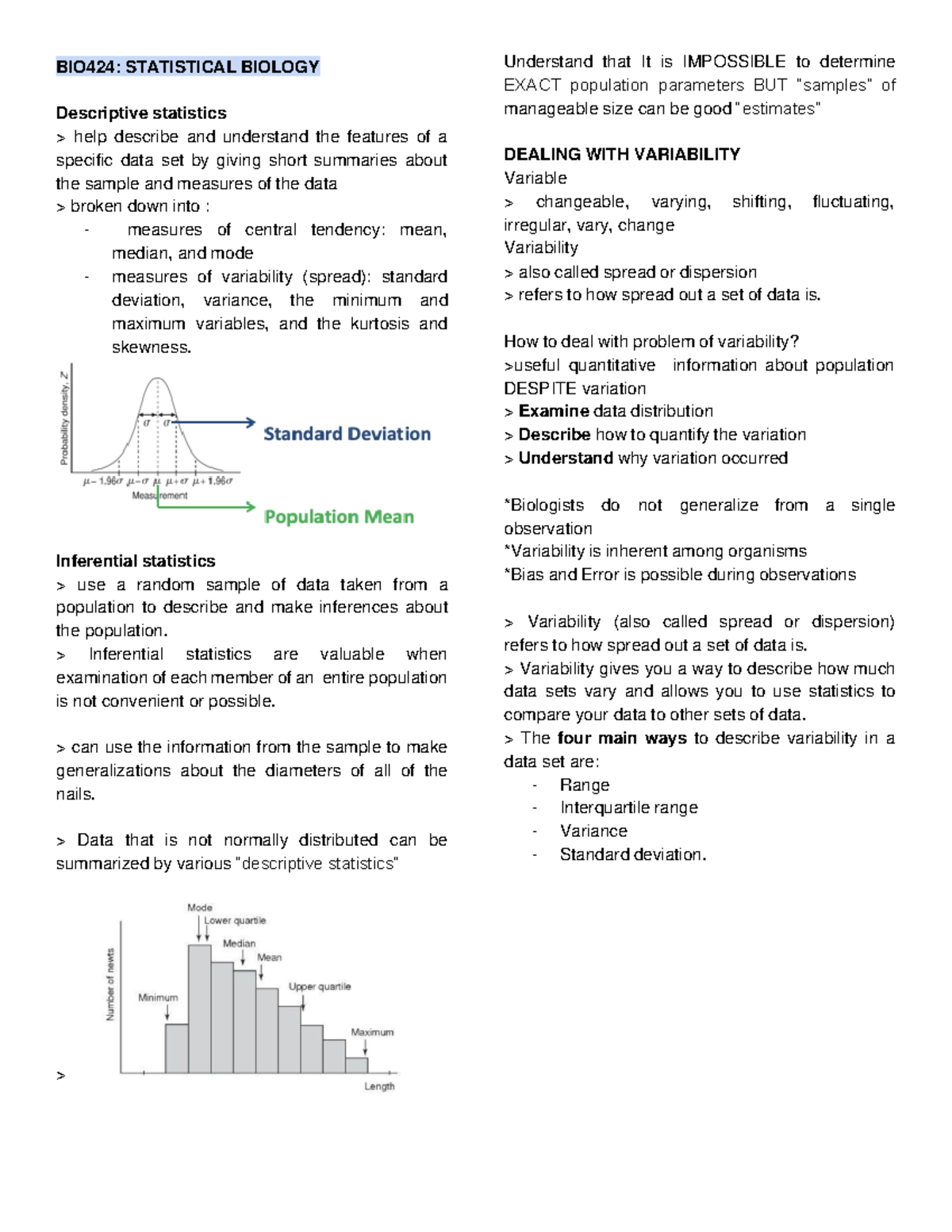 BIO424 Lecture Notes: Introduction to Statistical Biology and Variability - Document Preview
