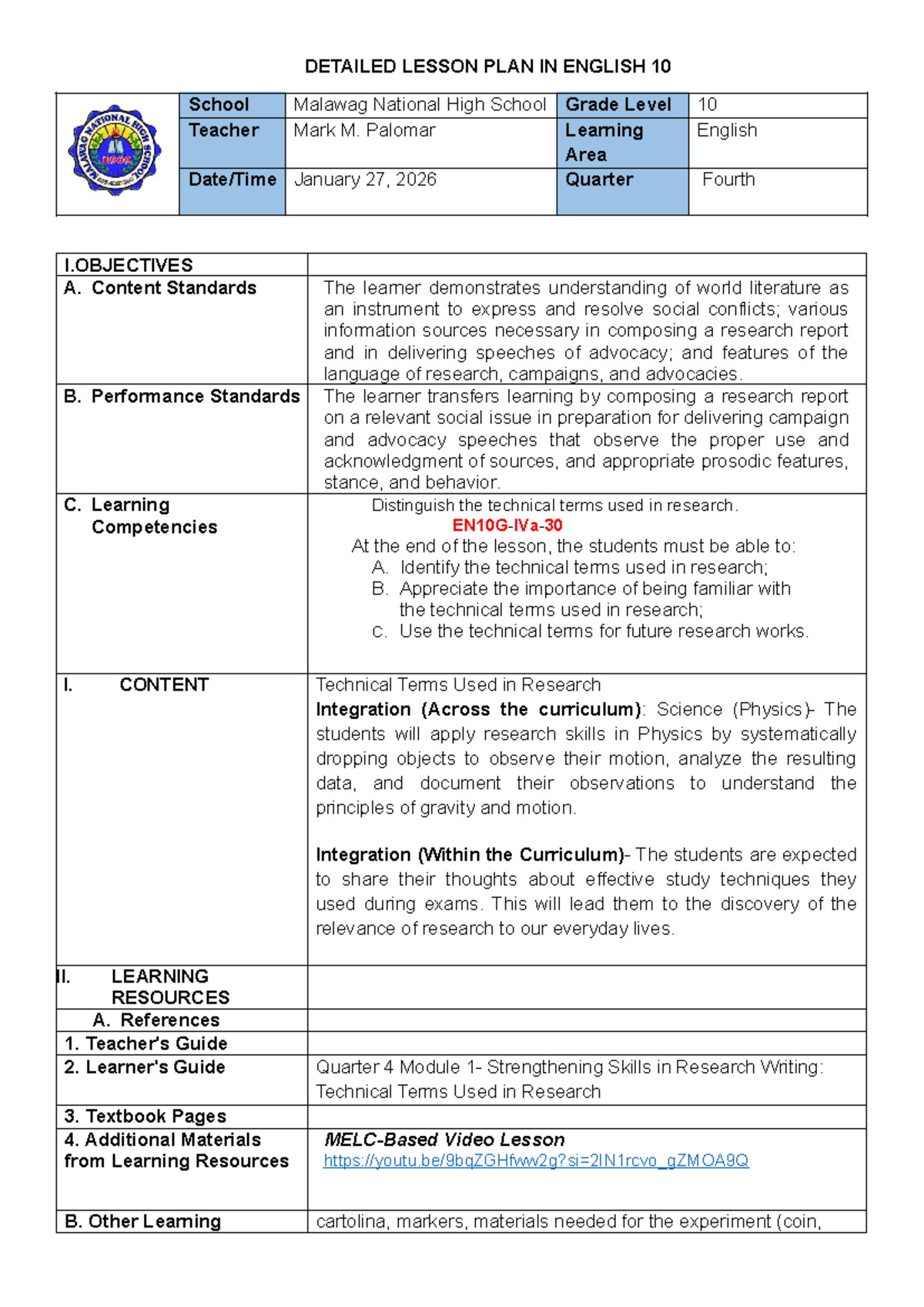 Detailed Lesson Plan: Technical Terms in Research for English 10 - Studocu