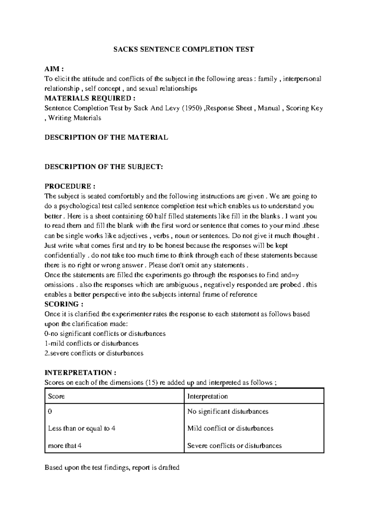 SCT Methodology: Notes on Sentence Completion Test (SCT) - Studocu