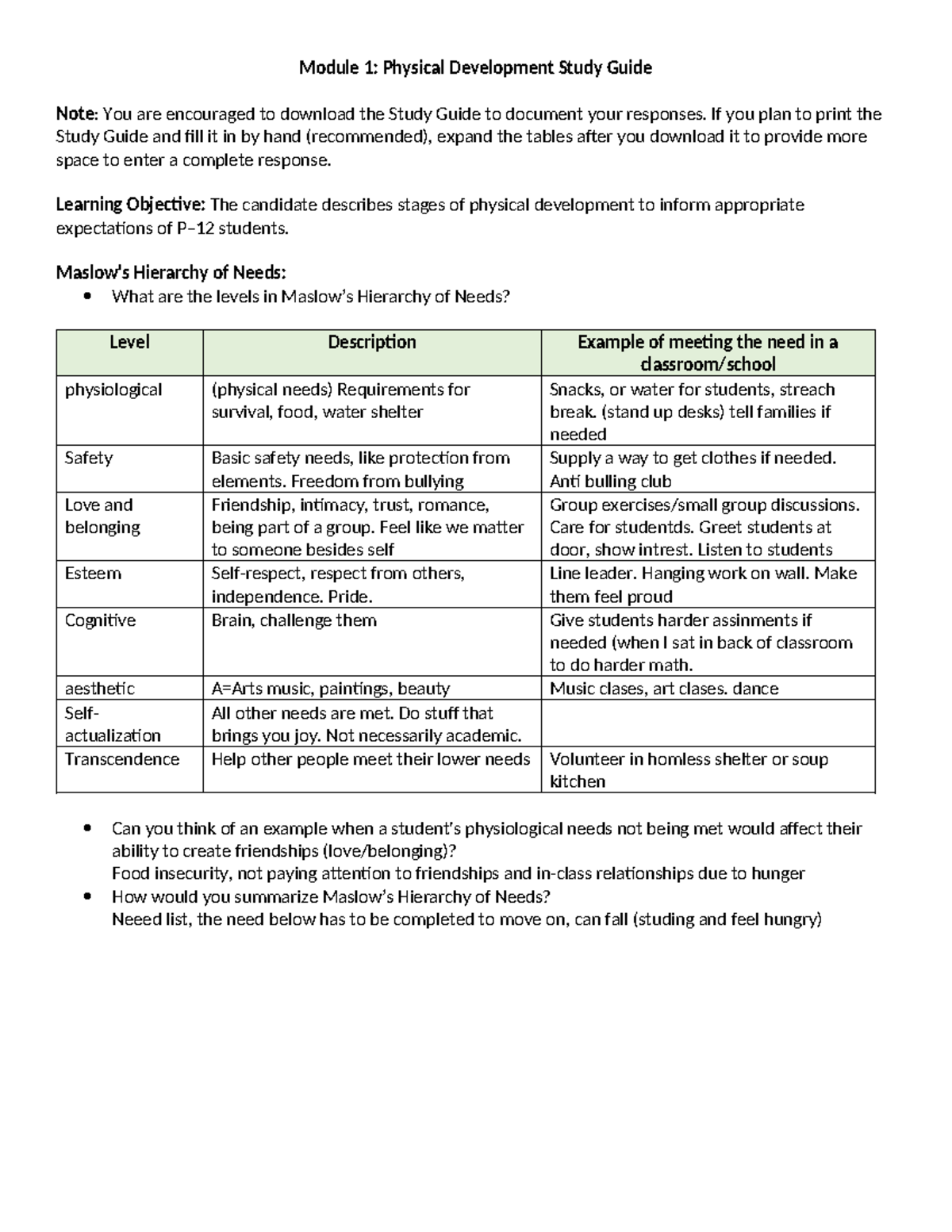 Study Guide 1 - yes - Module 1: Physical Development Study Guide Note ...