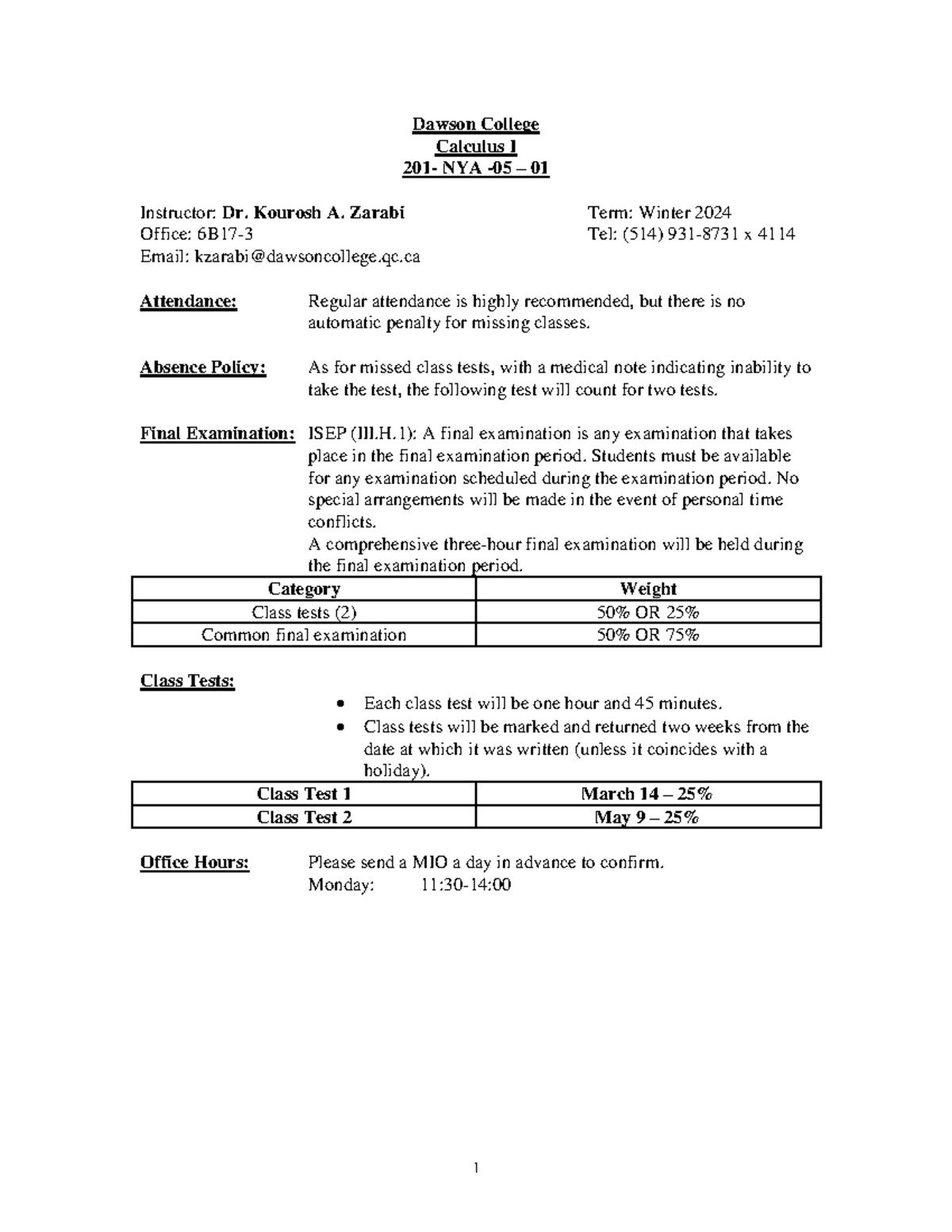 Calculus I (201-NYA-05) Winter 2024 Course Outline & Exam Details - Studocu