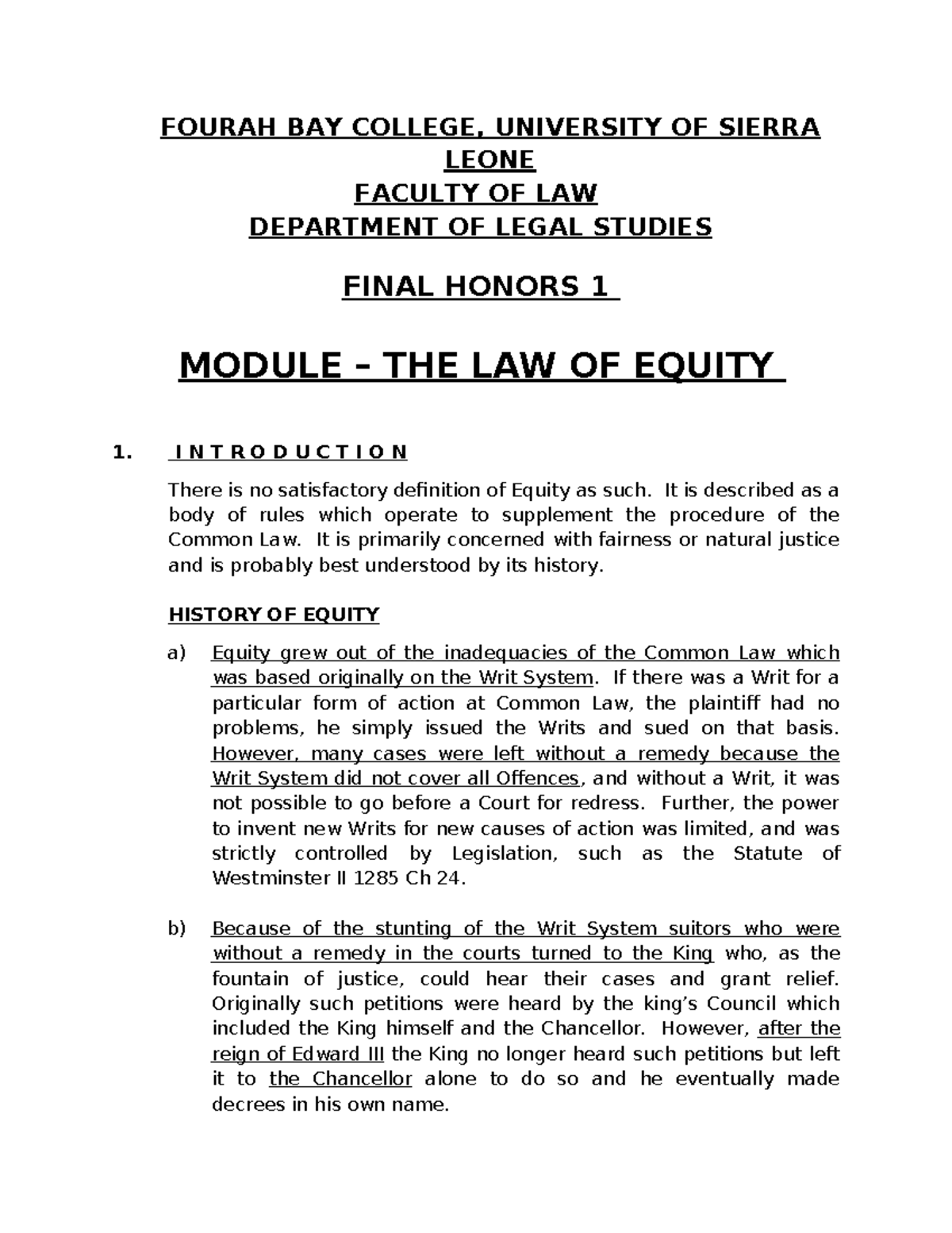 Equity Law Lecture 1 Notes - Final Exam (LAW 101) - Studocu