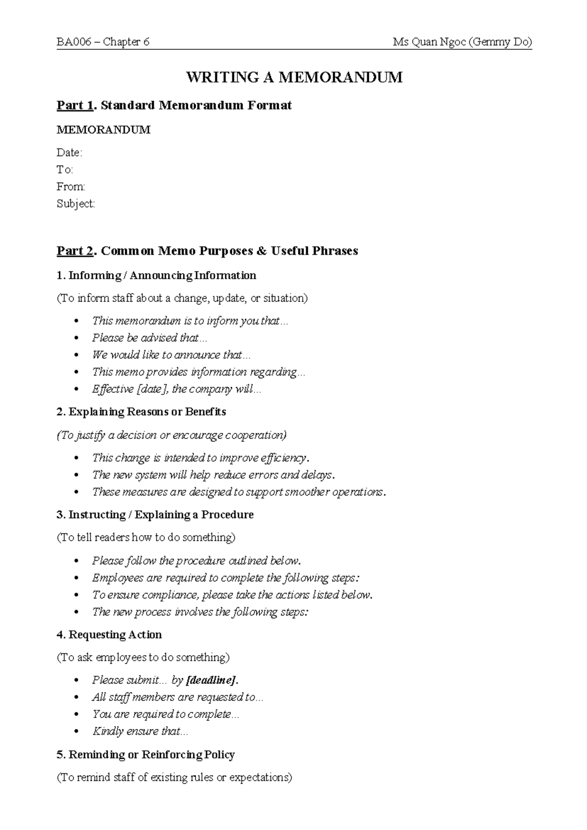 BA006 Chapter 6 Writing a Memorandum: Format & Examples - Studocu