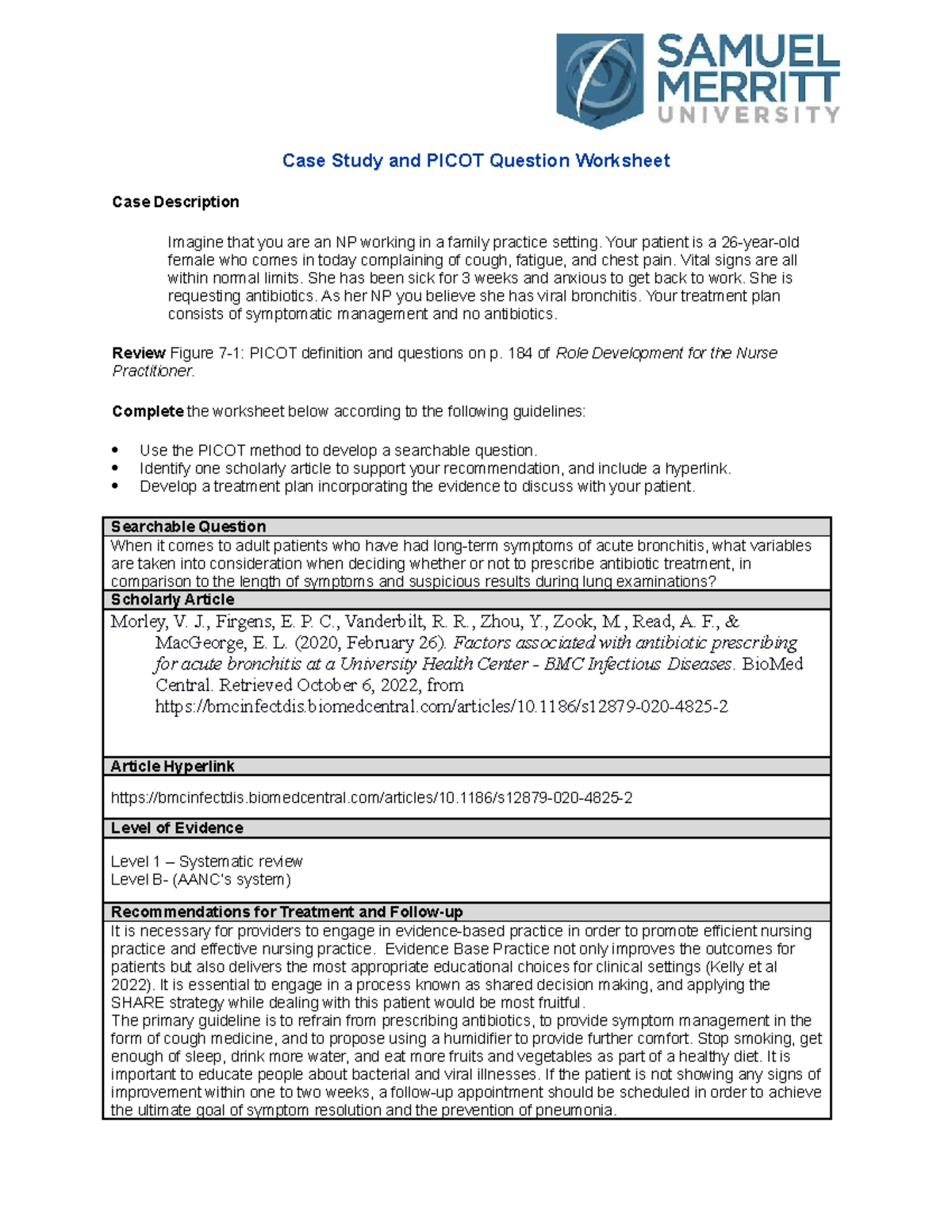 SMU-N672-Case Study & PICOT: Antibiotic Prescribing for Bronchitis ...