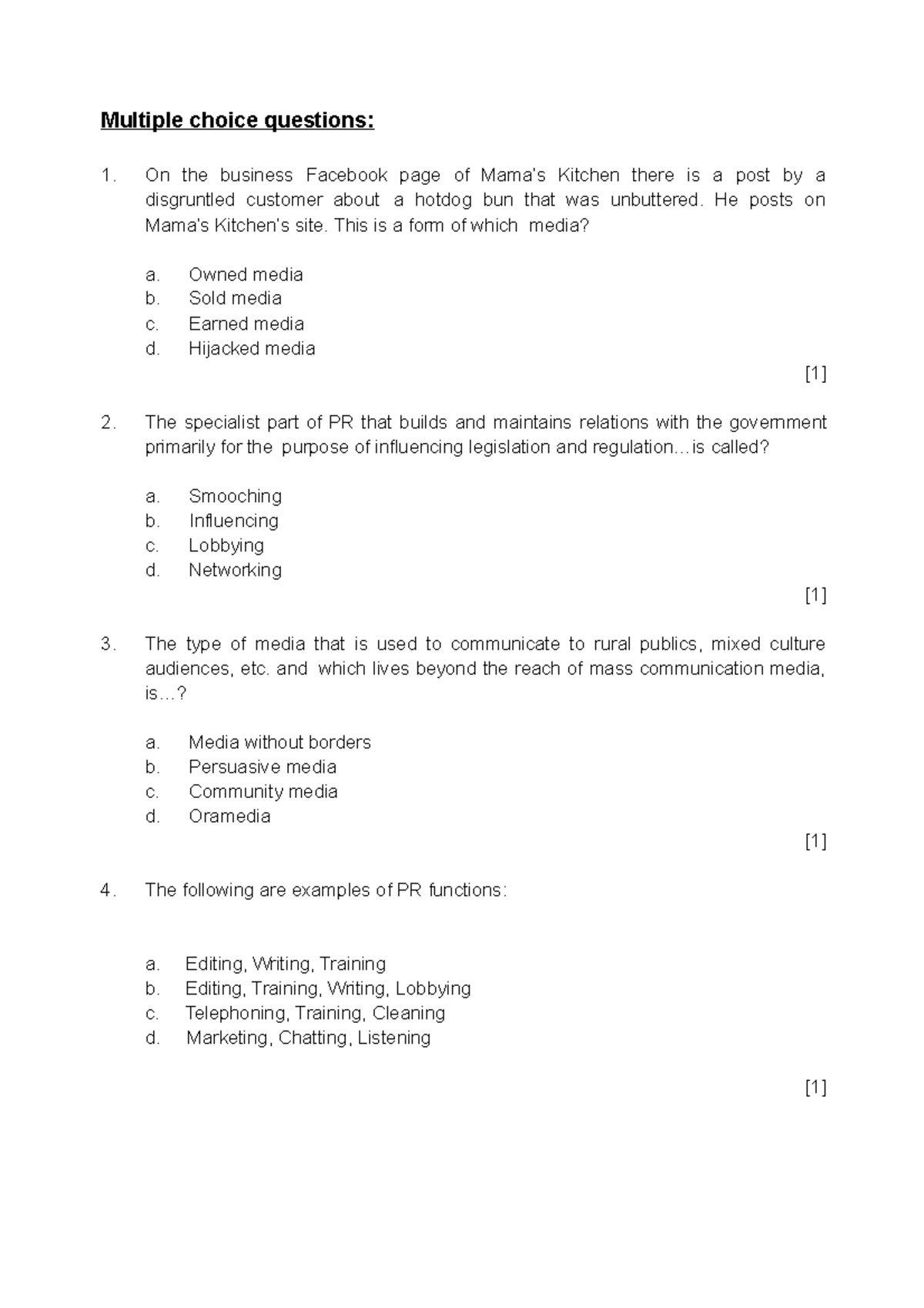 Chapter 4 - PR Practice Questions & Answers for Marketing Course - Studocu