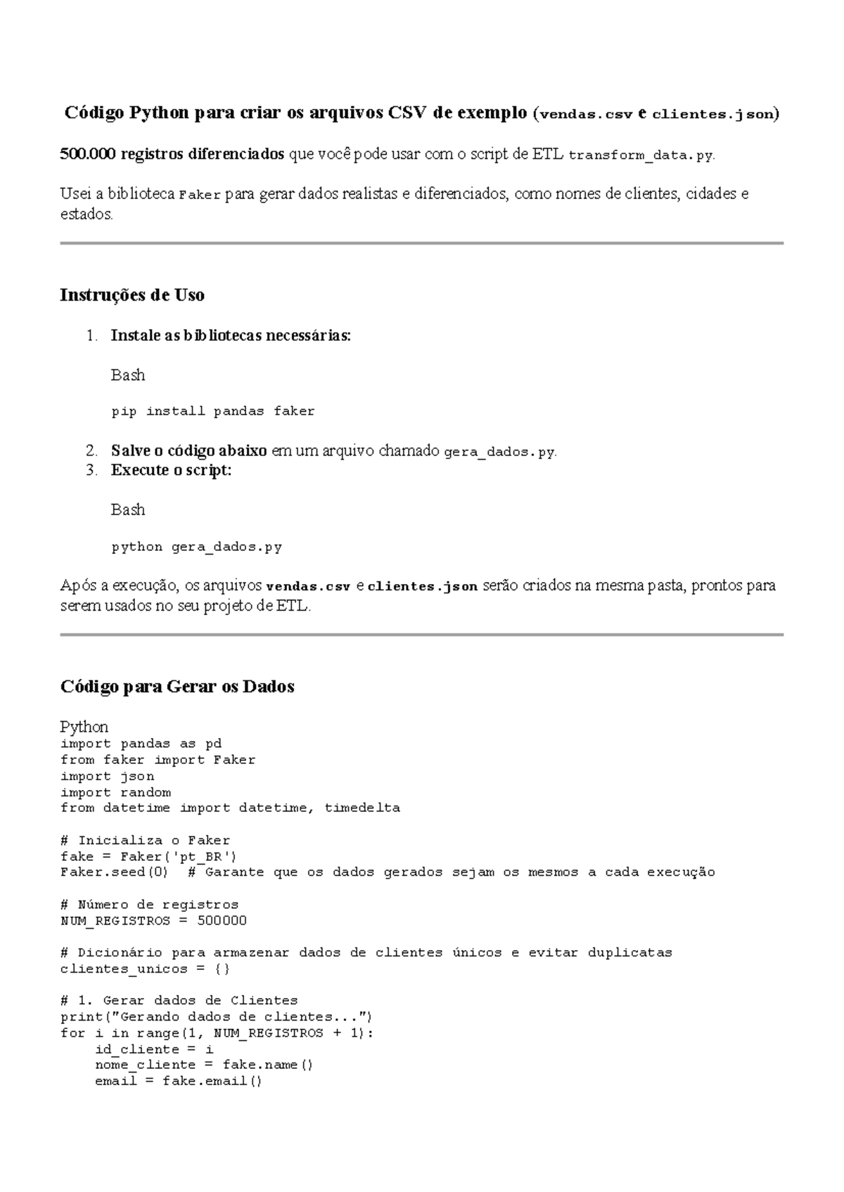 Código Python para Gerar Arquivos CSV e JSON para ETL (vendas.csv e ...