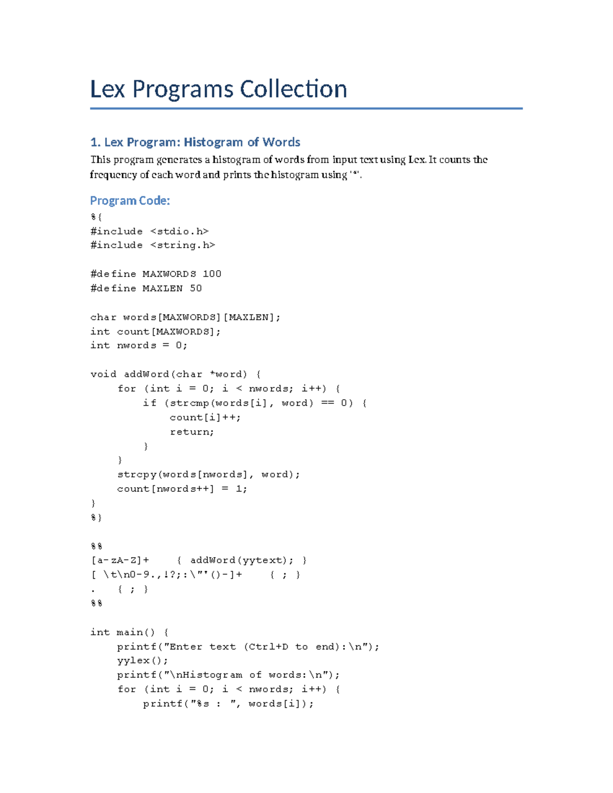 Lex Programs Collection 1: Histogram & Caesar Cipher Examples - Studocu