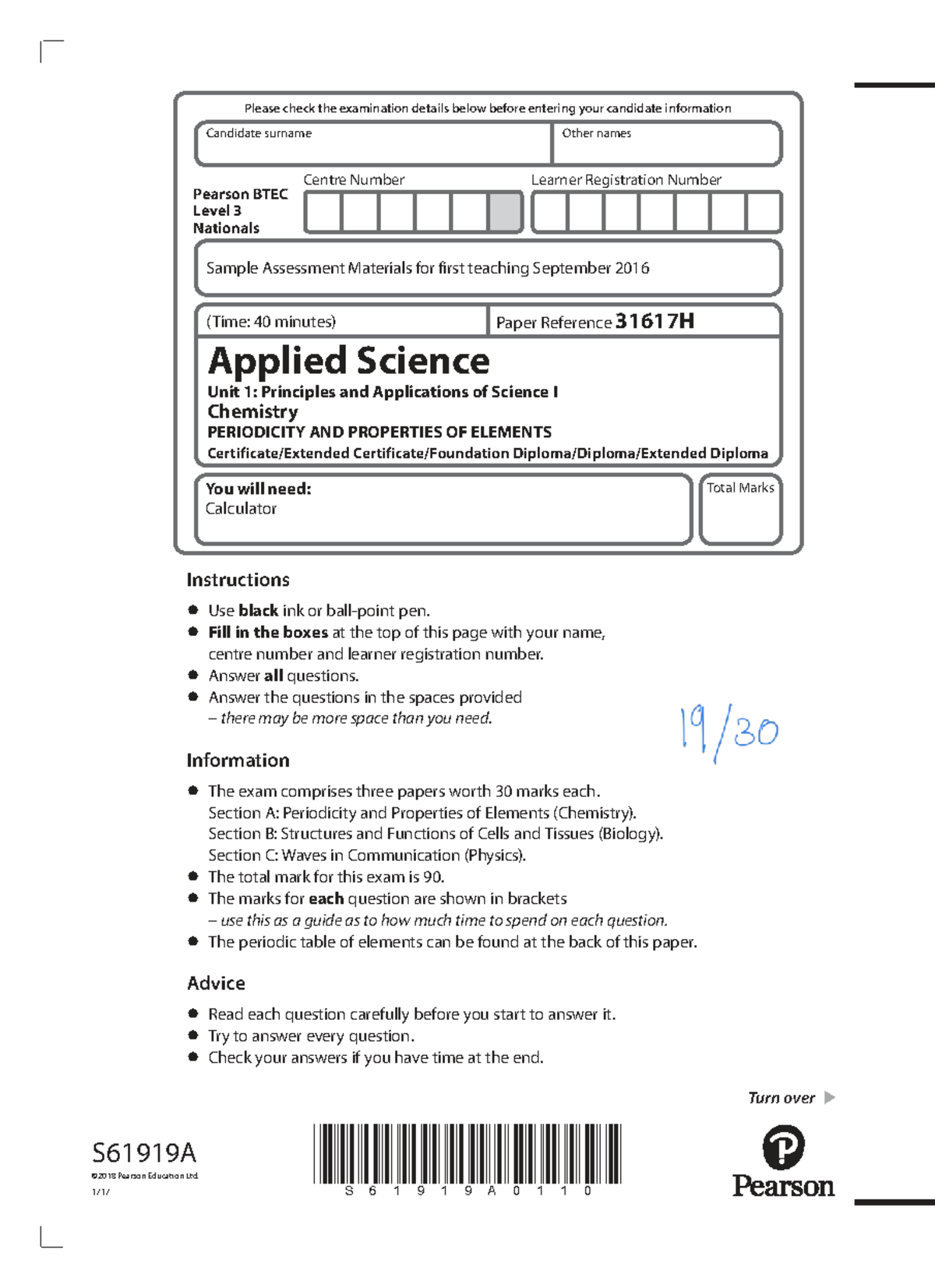 Chemistry Unit 1 Sample Assessment Materials - BTEC Level 3 - Studocu