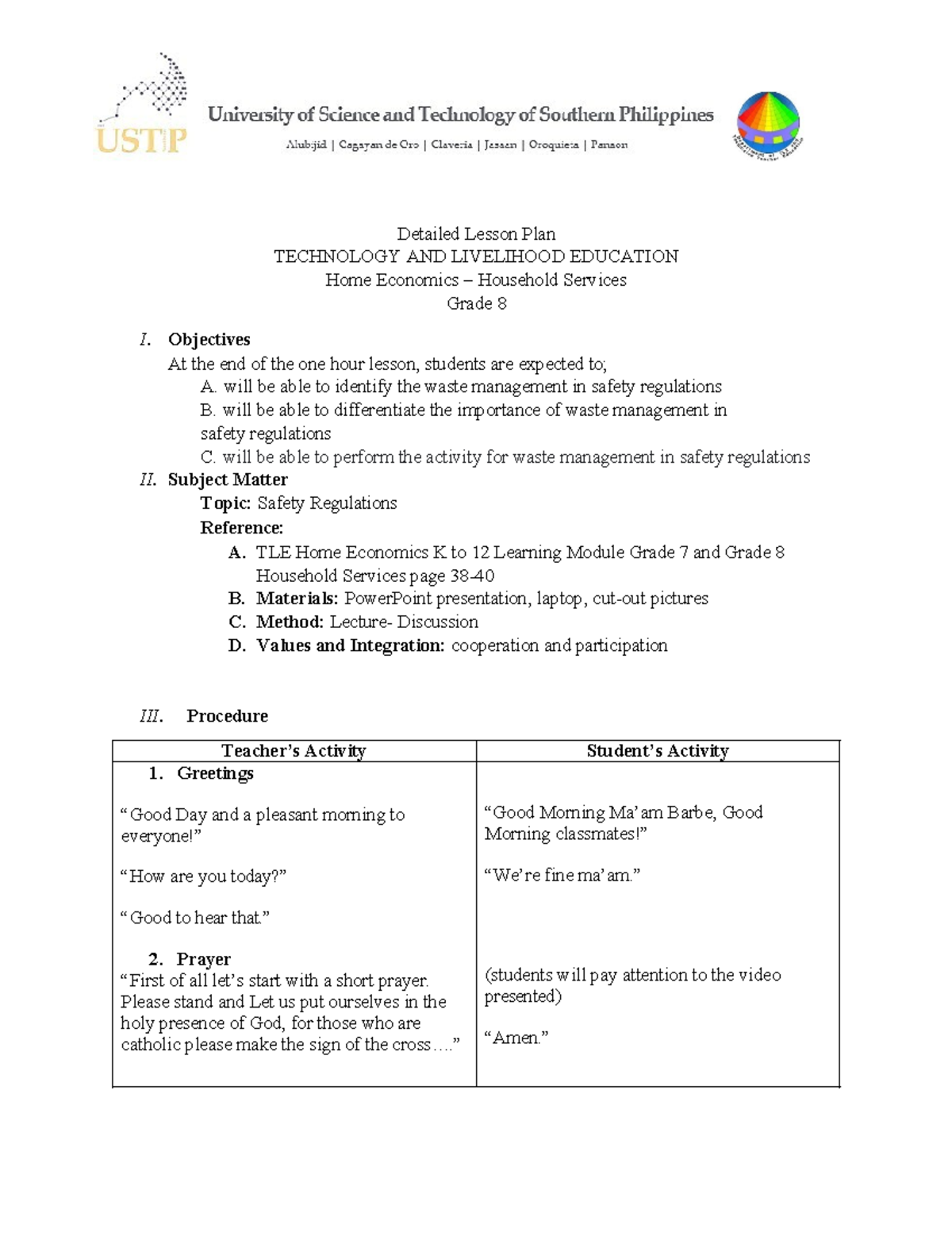 Detailed Lesson Plan: TLE Home Economics - Waste Management Safety for ...