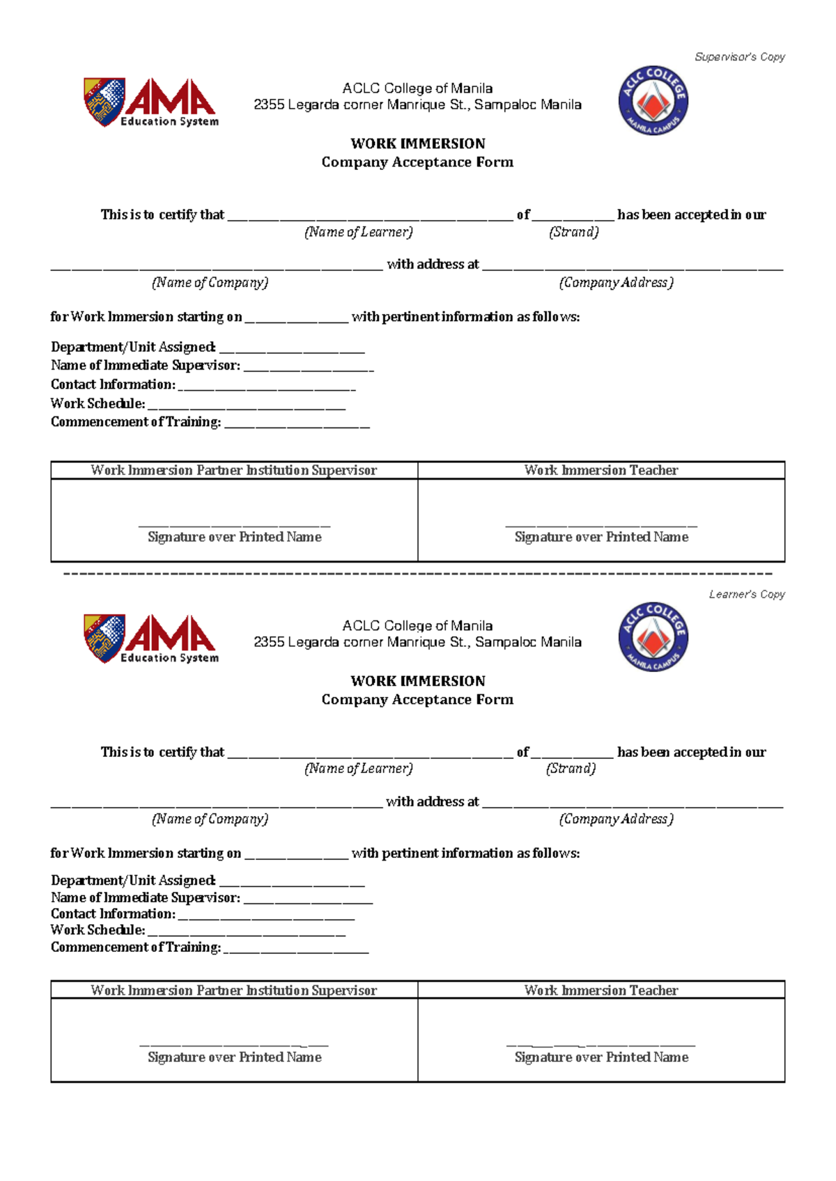 ACLC Manila Work Immersion Company Acceptance Form - Studocu