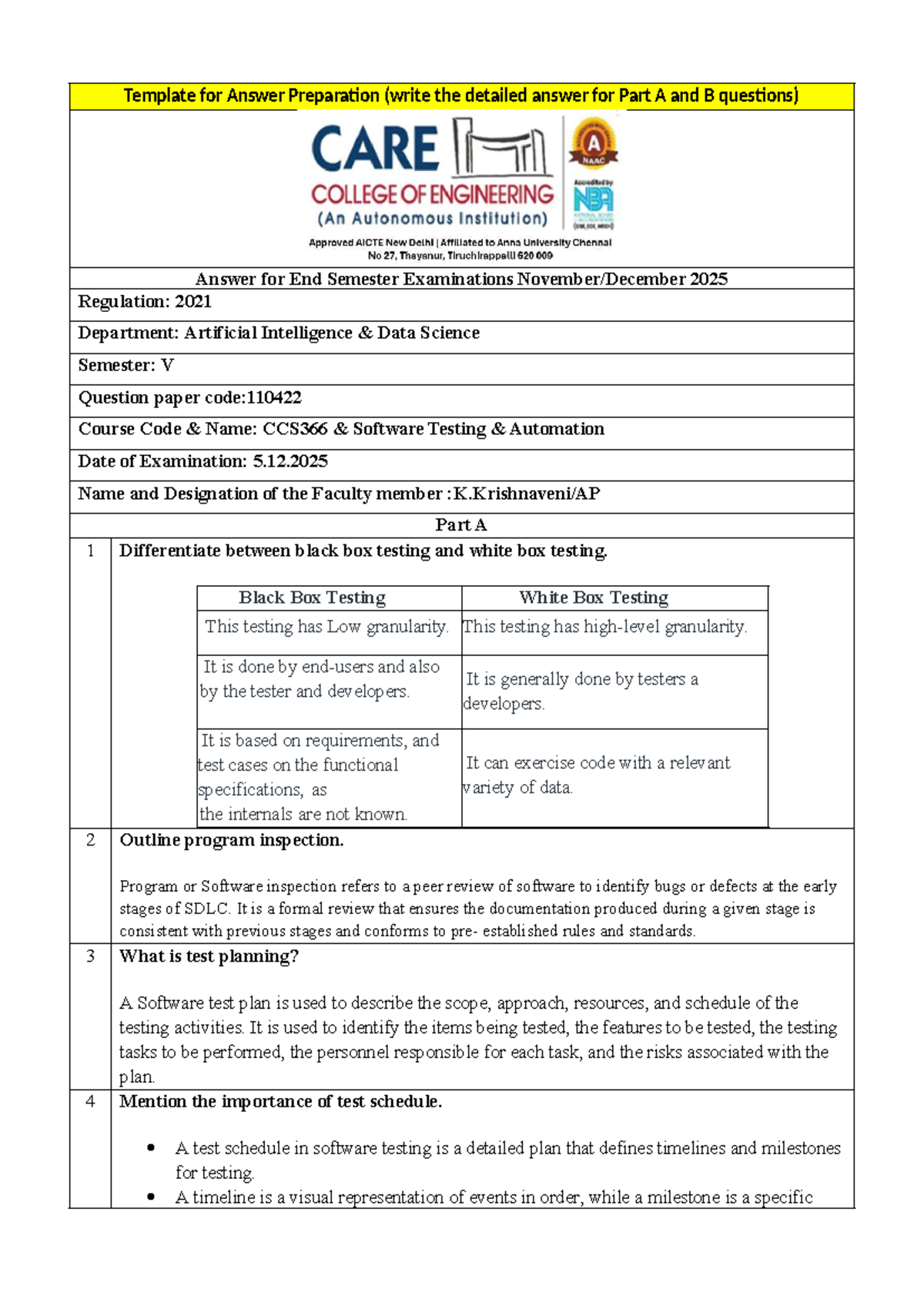 CCS366 Software Testing Automation: End Semester Exam Answer Key (2025 ...