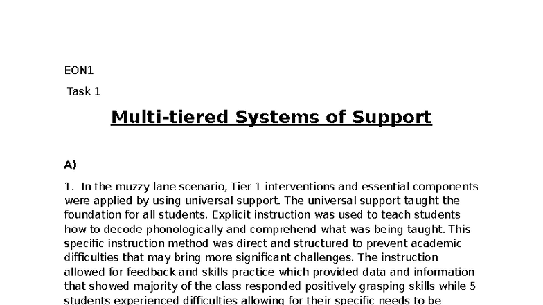 Task 1: EON1 Multi-tiered Systems of Support Analysis (Passed) - Studocu