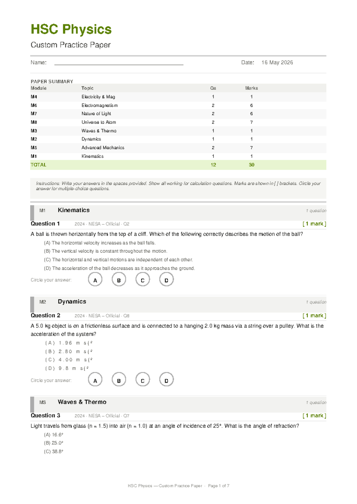 HSC Physics Custom Practice Paper - 30 Marks - Studocu