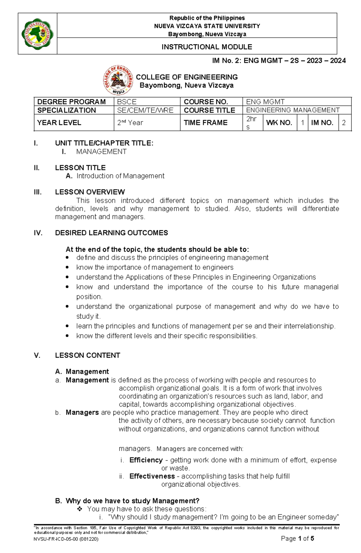 ENG MGMT 2S IM No. 2: Introduction to Engineering Management - Studocu