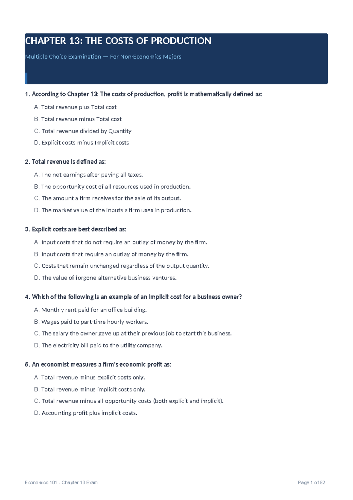 Economics 101: Chapter 13 Costs of Production Exam - Studocu