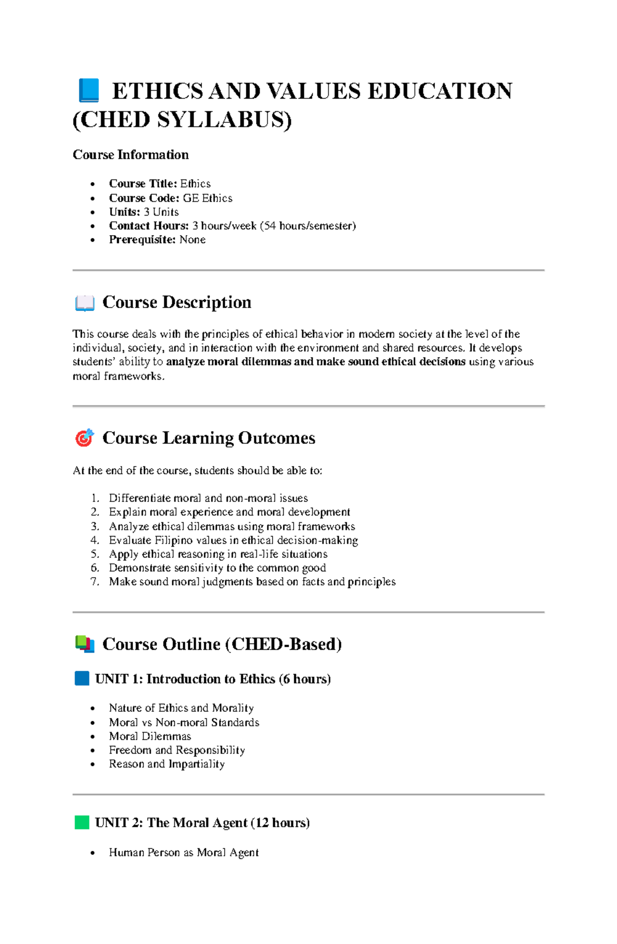 GE Ethics Syllabus: Principles of Ethical Behavior and Values - Studocu