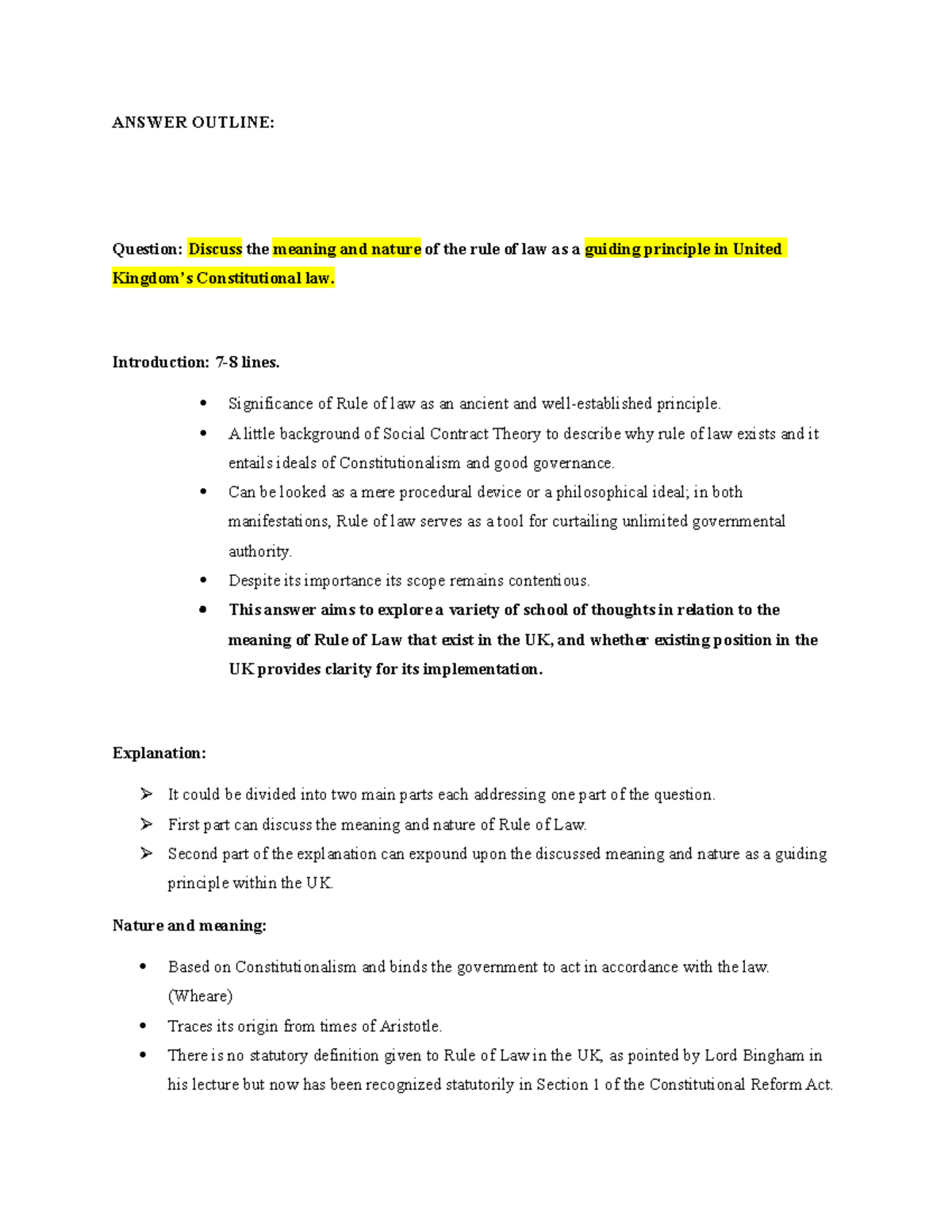 Answer Outline: The Rule of Law in UK Constitutional Law (LAW101) - Studocu