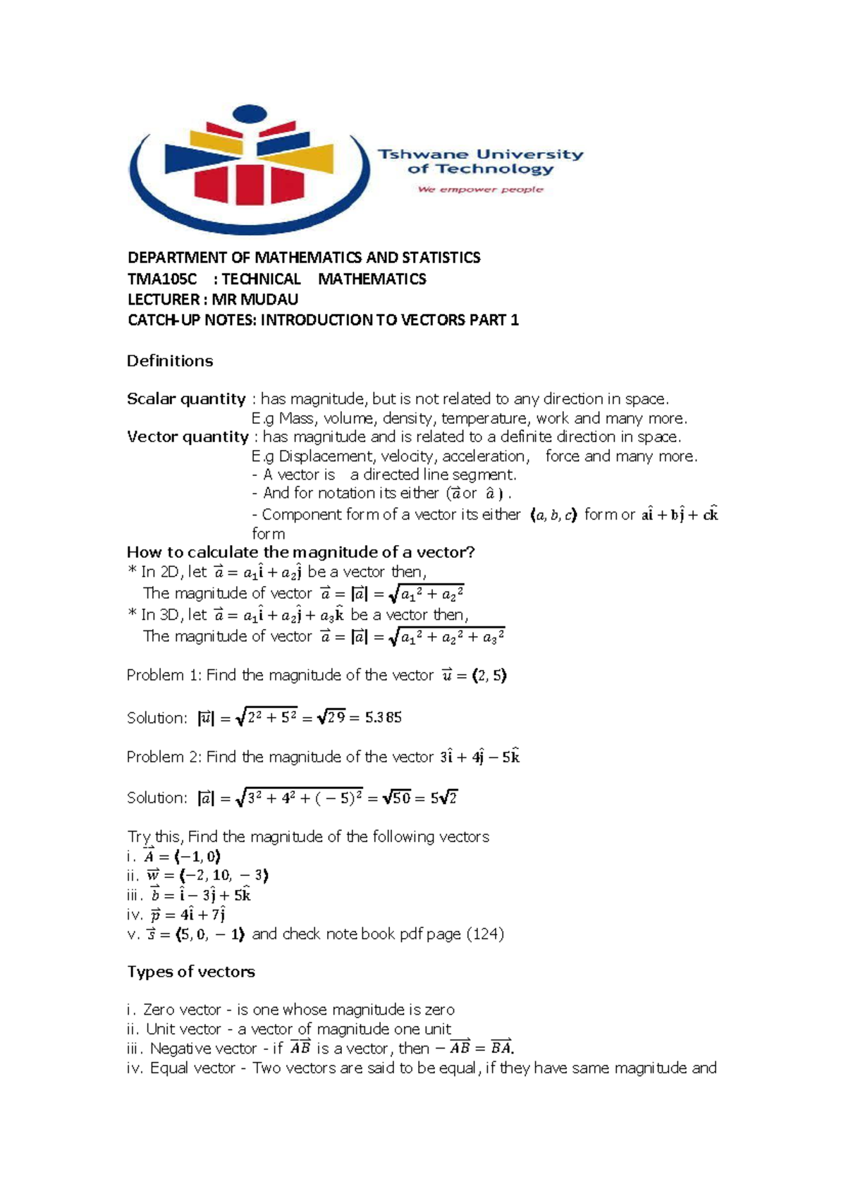 TMA105C: Catch-Up Notes on Vectors - Part 1 - Studocu